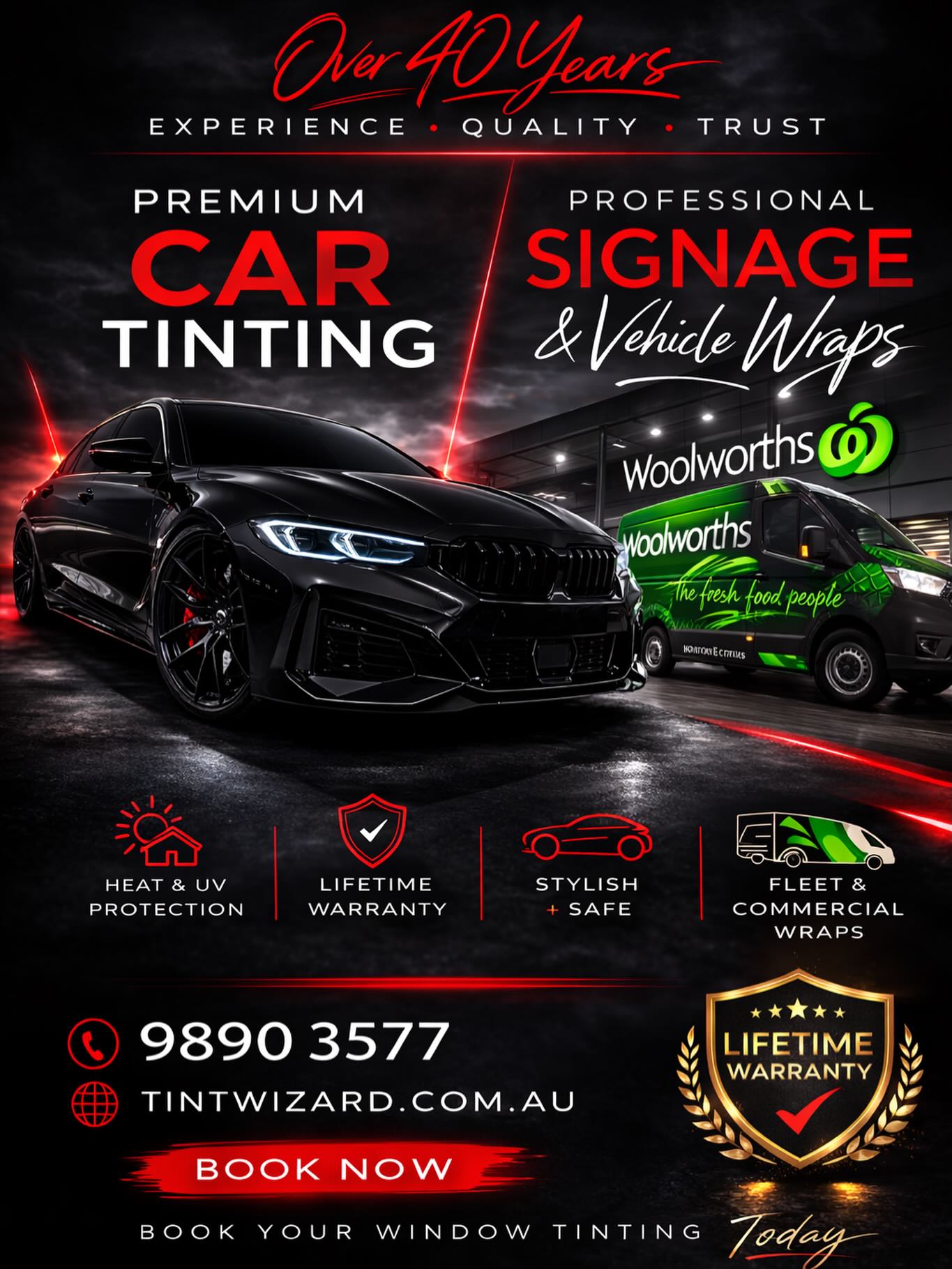 40+ YEARS. ZERO COMPROMISE.
Premium car tinting.
Professional signage & vehicle wraps.
Built for businesses that want to stand out.
From sleek daily drivers to full commercial fleets โ we deliver sharp installs, clean finishes and a lifetime warranty to back it up.
Ready to upgrade your ride or your business presence?
๐ Call 9890 3577
๐ Book now at tintwizard.com.au
Letโs make your vehicle work harder for you.
#CarTinting #VehicleWraps #SydneyBusiness #FleetBranding #TintWizard