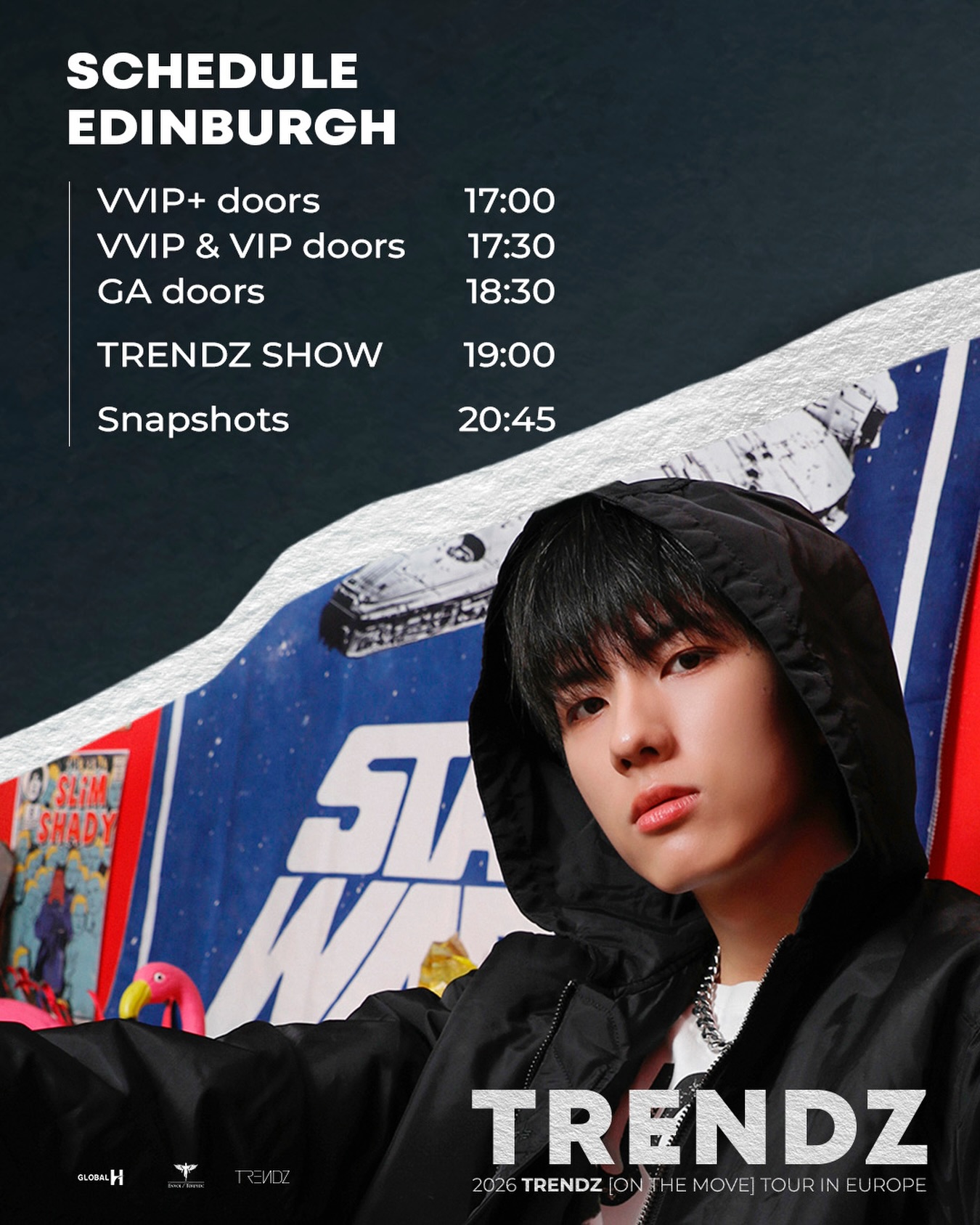 TRENDZ in Edinburgh - Timetable ⏰ 🏁
Due to a timing conflict in the initial venue schedule, the show will now begin at 19:00 (7:00 PM) instead of 20:00.
Please make sure to arrive accordingly to avoid missing the performance.Share the info to your friends who are going!
🎟️ Tickets still available on envolprod.com
#TRENDZ #TRENDZEuropeTour #트렌드지