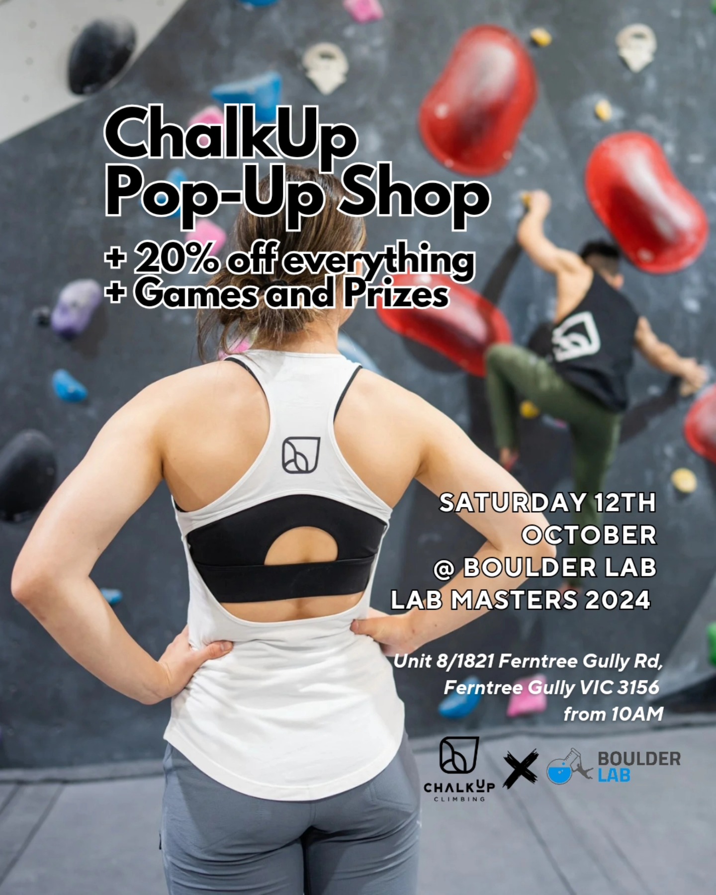 💫Who's excited for the Lab Masters this Saturday @boulder.lab?🔥⠀
⠀
Join us at the ChalkUp pop-up shop where we'll have:⠀
🛍️ 20% OFF everything for one day only⠀
🎁 Crimp Master challenge and awesome giveaways
📍 Where: Boulder Lab Ferntree Gully⠀
📅 When: This Saturday 12th October from 10am⠀
⠀
Get ready for an epic day of climbing and fun 🎉⠀
⠀
C U there! 😎👋⠀
⠀
#chalkupclimbing #climbingapparel #boulderlab #labmasters #popupshop #giveaways #prizes #melbourneclimbing #apparel #community