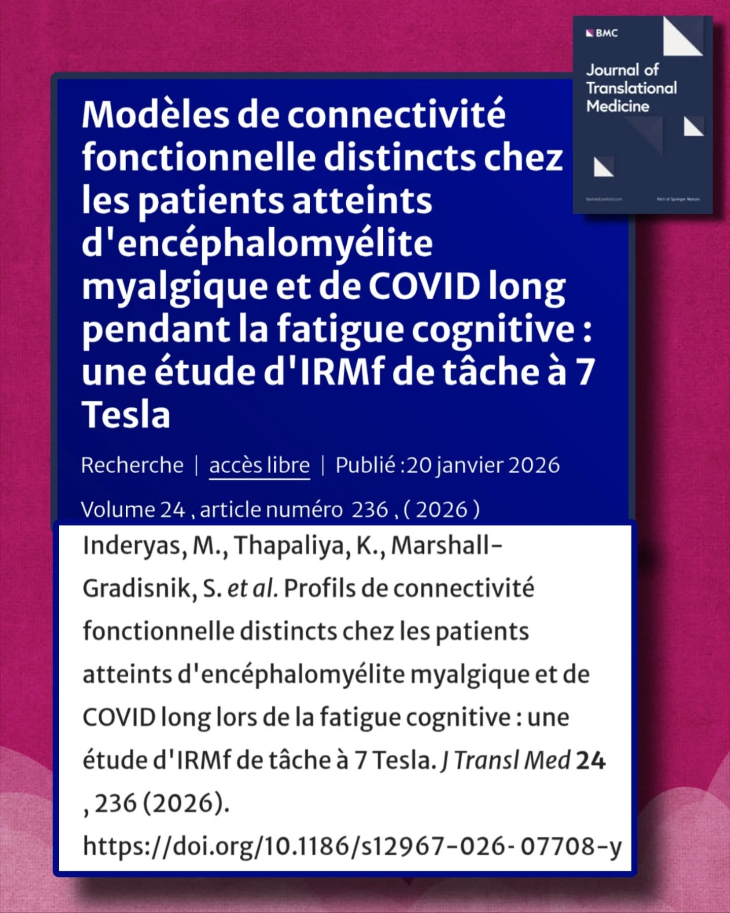 🧵🧠Altérations de la connectivité cérébrale dans l’EM et le #CovidLong
🔎Une nouvelle étude (Journal of Translational Medicine, 2026) montre que les personnes atteintes d’Encéphalomyélite Myalgique et de Covid Long présentent des altérations mesurables de la connectivité cérébrale lorsqu’elles réalisent un effort cognitif.
👉Les chercheurs ont utilisé une IRM fonctionnelle à ultra-haut champ (7 Tesla), une technologie très sensible permettant d’observer finement les interactions entre régions cérébrales pendant une tâche mentale exigeante.
👥Les participants ont réalisé une tâche de Stroop pendant l’IRM :
👉 ignorer une information contradictoire
👉 sélectionner la bonne réponse
👉 mobiliser attention, inhibition et fonctions exécutives
C’est un test classique pour étudier la fatigue cognitive.
🔑Résultat clé :
➡️ Les patients EM et Covid long montrent une connectivité fonctionnelle réduite entre plusieurs régions cérébrales impliquées dans :
• le contrôle exécutif
• l’attention
• la mémoire de travail
🔎Ces altérations apparaissent pendant l’effort cognitif, pas seulement au repos.
👉Cela confirme que la fatigue cognitive n’est pas subjective
👉Elle correspond à des modifications neurologiques mesurables
🧠Les régions concernées incluent notamment des zones du réseau fronto-pariétal et du contrôle attentionnel, essentiels pour :
• se concentrer
• filtrer les informations
• maintenir une performance mentale
Mais l’étude montre aussi quelque chose d’important :
👉 les schémas de connectivité ne sont pas identiques entre #EM et #CovidLong.
Différences observées
🟣Dans le #CovidLong :
• réduction de connectivité entre structures liées à la motivation et au traitement émotionnel (ex. noyau accumbens, vermis)
• anomalies impliquant hippocampe et cortex préfrontal après effort
👉suggérant des perturbations de circuits motivationnels et cognitifs.
🟣Dans l’ #EM :
• anomalies plus marquées dans les réseaux centraux du tronc cérébral et du cervelet
• connectivité du cervelet et de l’hippocampe associée à la durée de la maladie
👉ce qui pourrait refléter une adaptation chronique du cerveau à la maladie.
⏬Suite en commentaire⏬ @millionsmissingfrance