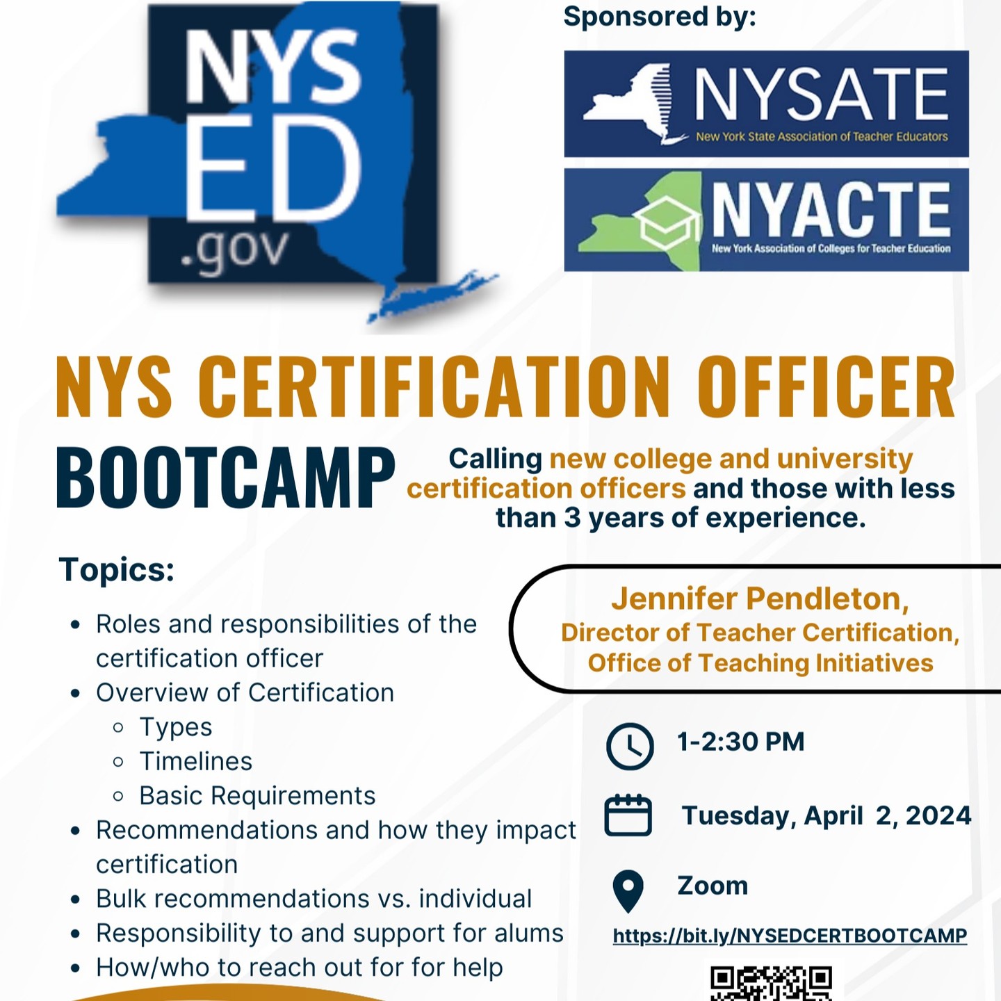 Calling all new college and university certification officers. On April 2, from 1-2:30 PM EST, NYSED will host a Certification Officer Bootcamp via Zoom. The content of the bootcamp is intended for IHEs.
Register today at https://bit.ly/NYSEDCERTBOOTCAMP