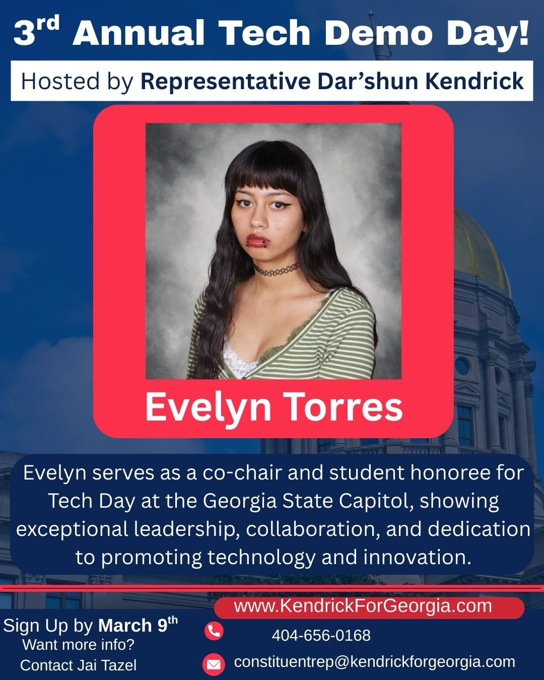 Join us at the Georgia State Capitol to celebrate the next generation of innovators!
I’m proud to introduce these outstanding student honorees, including our student co-chairs, for Tech Demo Day at the Georgia State Capitol on March 12. Each scholar represents Shiloh High School in our district and is already leading in STEM and emerging technology.
Thank you to our partners featured in this post for investing in our students and Georgia’s future.
📅 March 12 (8 am -12 pm)
Georgia State Capitol Room 216 & South Wing
📝 RSVP by March 9 via the link in my bio or at kendrickforgeorgia.com