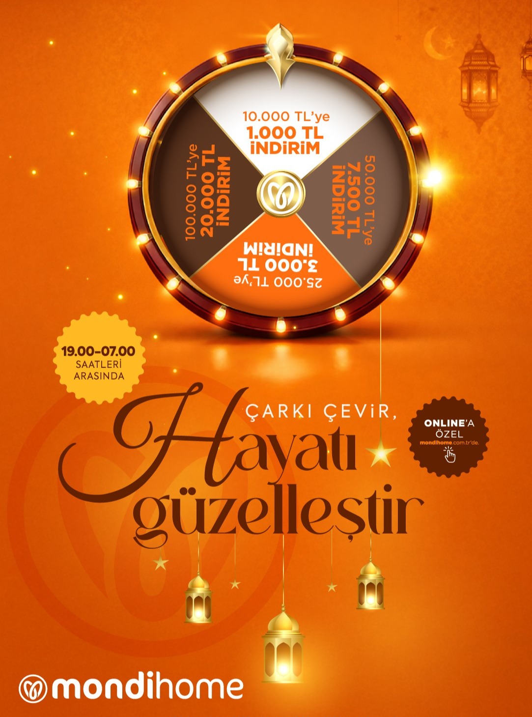 MONDİHOME'DAN ÇARKI ÇEVİR, HAYATINA GÜZELLİK KAT!...
Çark Dönüyor, Fırsatlar Geliyor!...
Kaçırılmayacak Kampanya, 19 Şubat – 19 Mart 2026 Tarihleri Arasında Her Gün 19.00–07.00 Saatleri Arasında Online'da Sizleri Bekliyor!
#Mondihome #İndirim #Kampanya