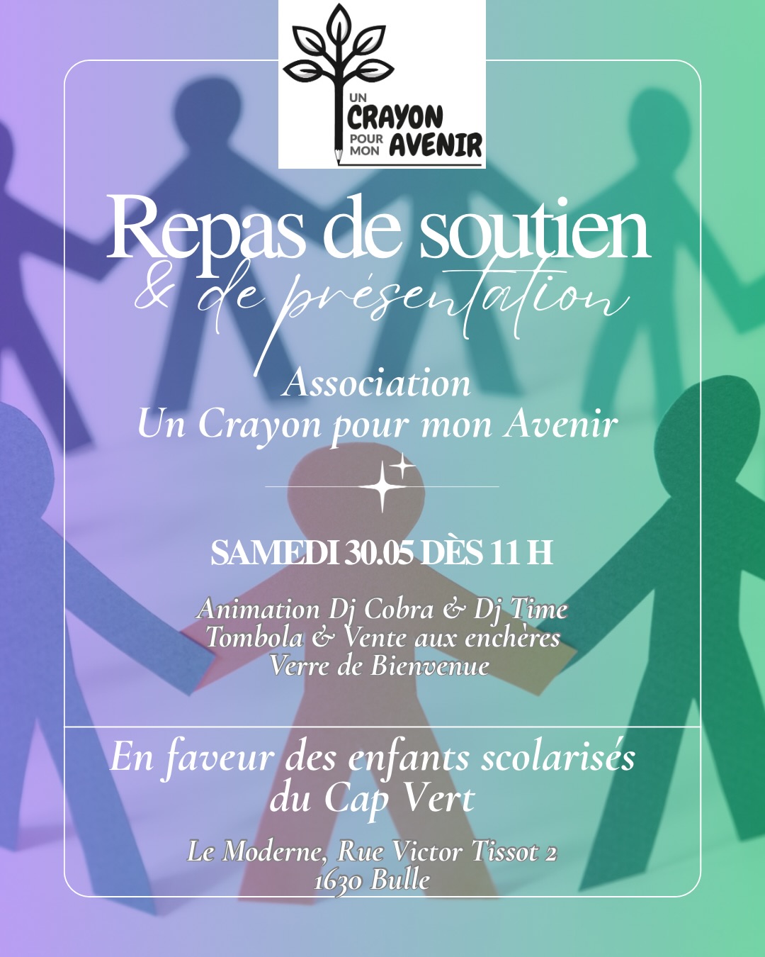 C’est notre premier repas de soutien pour notre association et on est heureux de vous y inviter. On vous y présentera les actions qu’on a pu réaliser grâce à vos dons et on vous parlera des projets en cours… mais ce sera aussi l’occasion de nous retrouver autour d’un bon repas traditionnel avec aussi une jolie tombola et de la bonne musique… le tout dans le contexte tellement convivial du Moderne à Bulle. Un petit WhatsApp ou message privé et on vous réserve une place 🙏🏻🥰💫 Ensemble on avance 🙏🏻