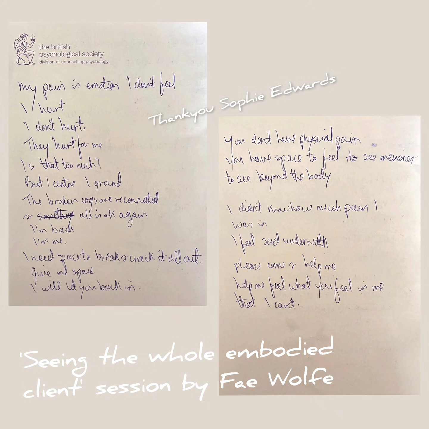 Beyond the words, just in movement, a complete stranger felt and held for me the emotion that is always hidden from myself disguised as physical pain. When working with the sensations of pain more was processed and understood between us than any words have had before. A powerfully moving moment in the midst of the @bps.dcop conference.
Thankyou to Sophie Edwards for feeling me and staying by my side until I was ready to let you go. 🙏