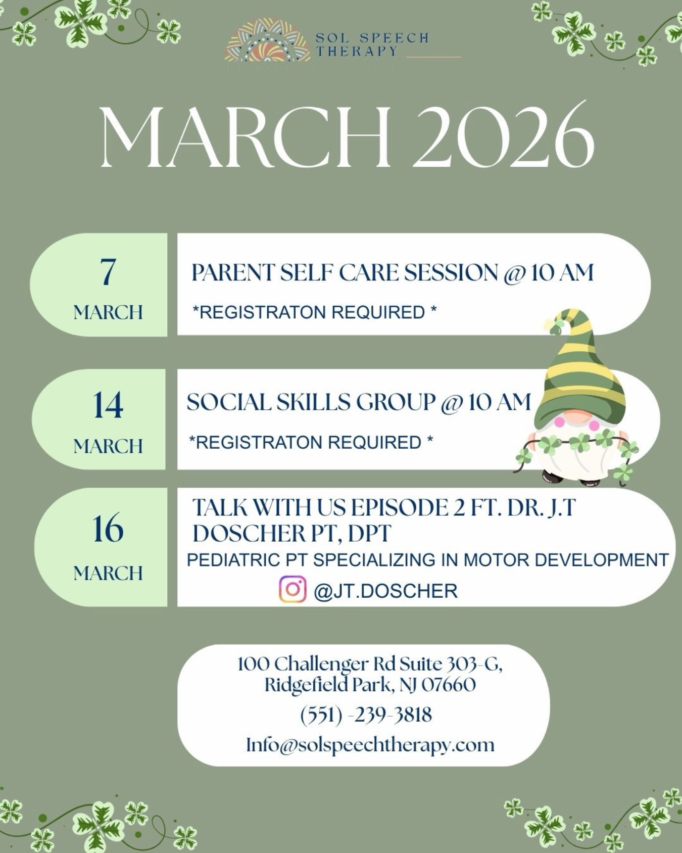 A new month brings new opportunities to learn, connect, and grow. Explore our March events and be part of the journey.📚☘️
Comment “ 💚” if interested in joining us!
.
.
.
.
.
.
.
.
.
.
.
#SpeechTherapy #Parenttips #BergenCounty #RidfiefieldParkNJ #EarlyIntervention