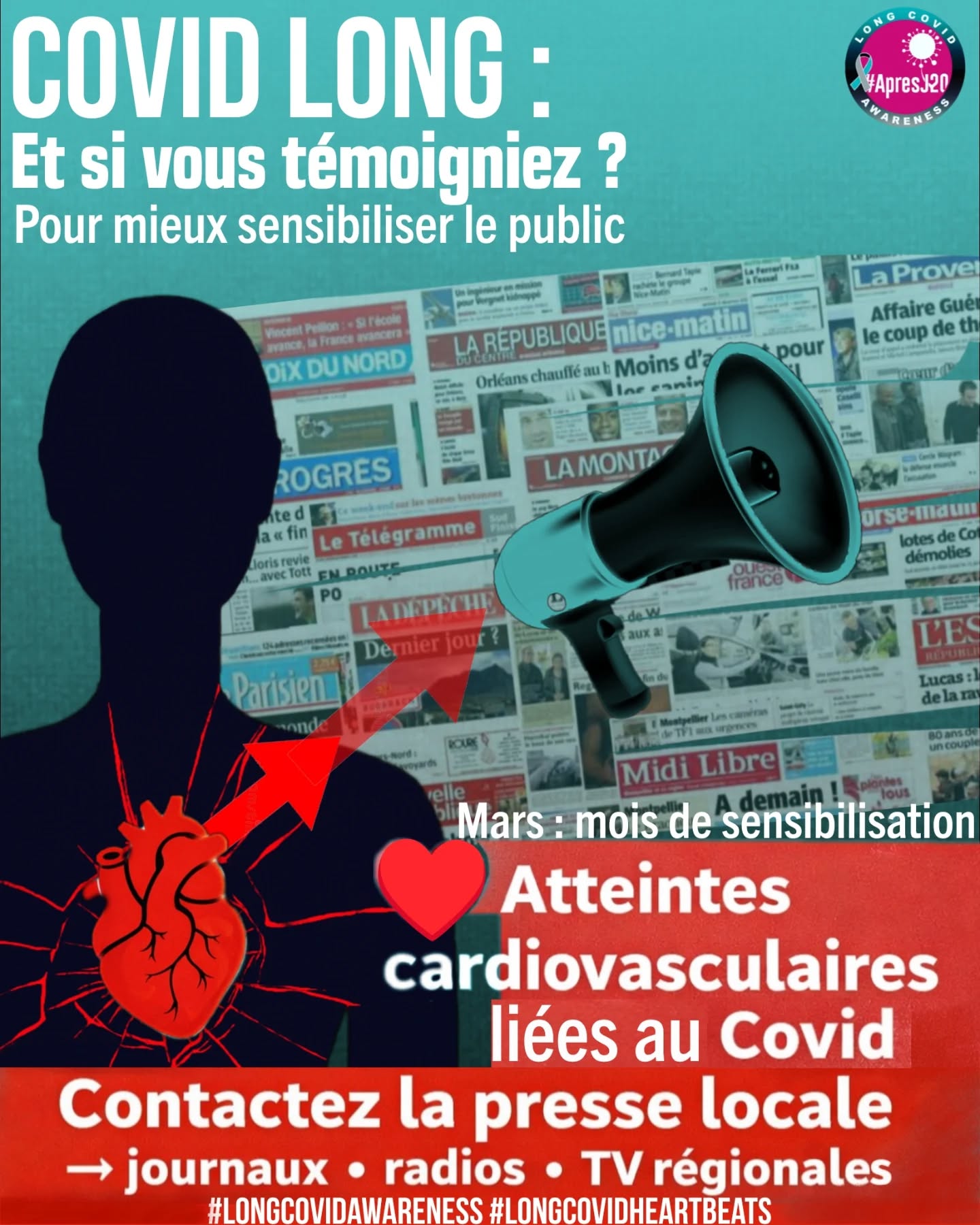 🧵Le #CovidLong est toujours une réalité pour des millions de personnes.
Mars est le mois international de sensibilisation #LongCovidAwareness.
Et cette année, nous avons une occasion importante de mieux informer le public.
En 2026, l’accent est mis sur un enjeu encore peu connu :
💔Les atteintes cardiovasculaires du Covid
Troubles du rythme, inflammations cardiaques, thromboses, dysfonction vasculaire…
Ces complications existent, mais restent difficiles à comprendre pour le grand public.
Les médias locaux jouent un rôle essentiel pour informer, expliquer et rendre ces enjeux visibles.
Et pour cela, ils ont besoin de témoignages réels, concrets, proches de leur territoire.
👉 C’est là que les patients peuvent faire la différence.
La sensibilisation n’existe que si on la fait vivre.
Et les médias parlent de ce qu’ils voient…
👉 aidons-les à voir la réalité du #CovidLong
📞📝📧Témoigner, ce n’est pas seulement raconter son histoire.
- C’est contribuer à mieux faire connaître la maladie.
- C’est aider d’autres patients à se sentir compris.
- C’est participer à une information plus juste.
Si vous vous en sentez capable ce mois-ci :
📩 Contactez un journal local
📻 une radio régionale
📺 une rédaction proche de chez vous
Dites simplement :
• que mars est le mois du Covid Long
• que l’édition 2026 met en lumière les atteintes cardiovasculaires
• que vous souhaitez témoigner
Chaque témoignage publié aide à :
👉Rendre la maladie visible
👉Informer le public
👉Soutenir la reconnaissance médicale et sociale
👉Montrer que le #CovidLong est toujours là
Votre témoignage peut aider à informer beaucoup de personnes.
📢Chaque voix compte.
Si vous ne pouvez pas témoigner :
🔁 Partager cet appel aide déjà
💬 Encourager d’autres malades aussi
📢 Relayer les articles publiés
La sensibilisation avance grâce aux voix qui s’élèvent ensemble.
#Apresj20 @longcovidawarenessint