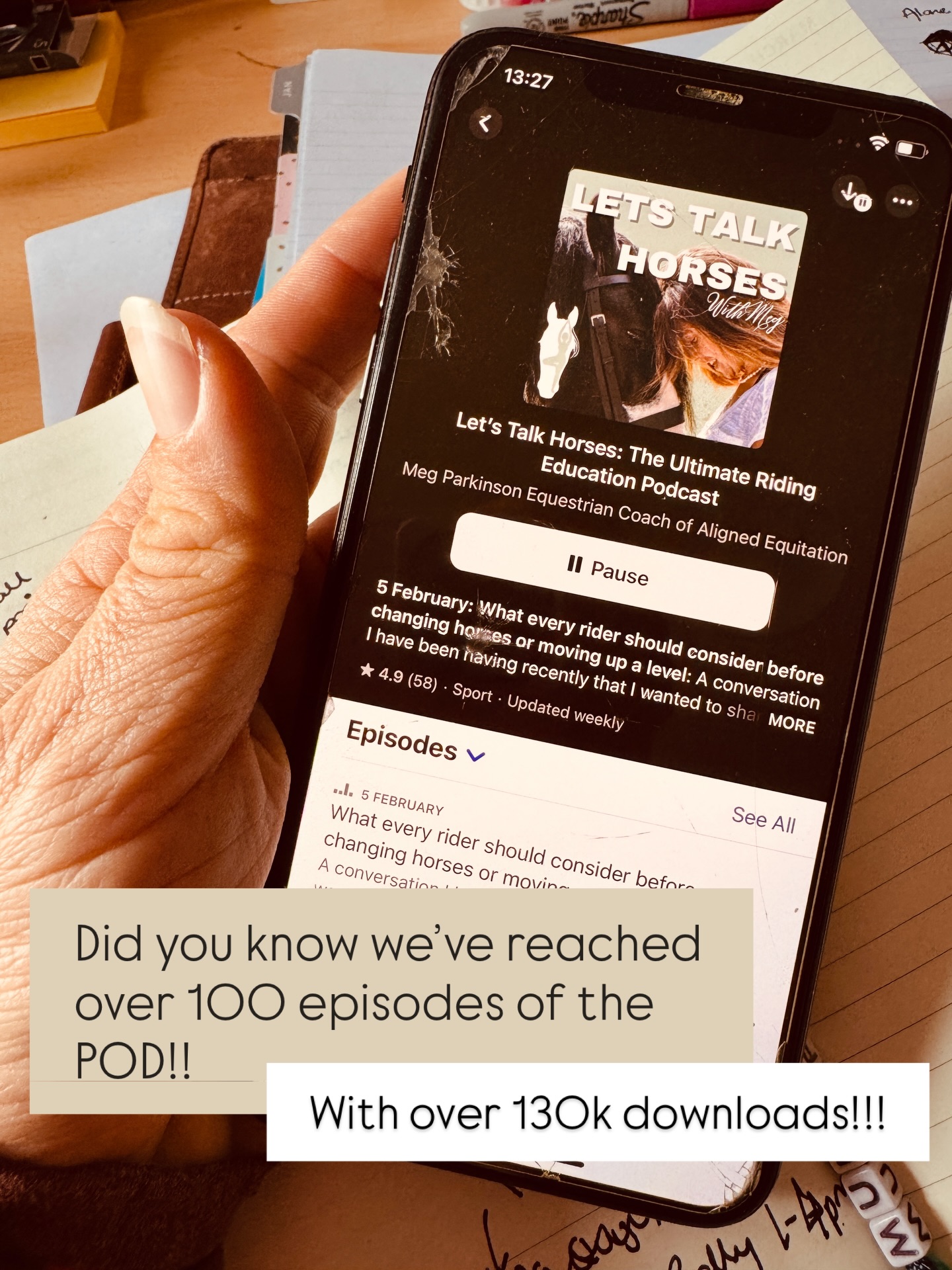 Something that I’m super proud of but probably don’t share enough is my little podcast all about Rider Biomechanics…and something big happened recently…we passed 100 episodes which is insane to me 🤯
And along with that it’s had over 130k downloads, which blows my mind even more!!
It’s available on all podcast apps including Spotify and Apple so you can easily listen to it, I’d advise going back to the beginning and working your way through, it’s full of deep dives into positional issues, easy corrections, thought provoking subjects and a lot of help.
Thank you to all that download and listen, Apple did a weird thing a few months ago and paused podcast downloads for those that hadn’t released many recently, so if you haven’t had your weekly drip 💧 check yours isn’t paused (top right) because more have been released over the last few months and a new one is coming this week too.
Megs xx