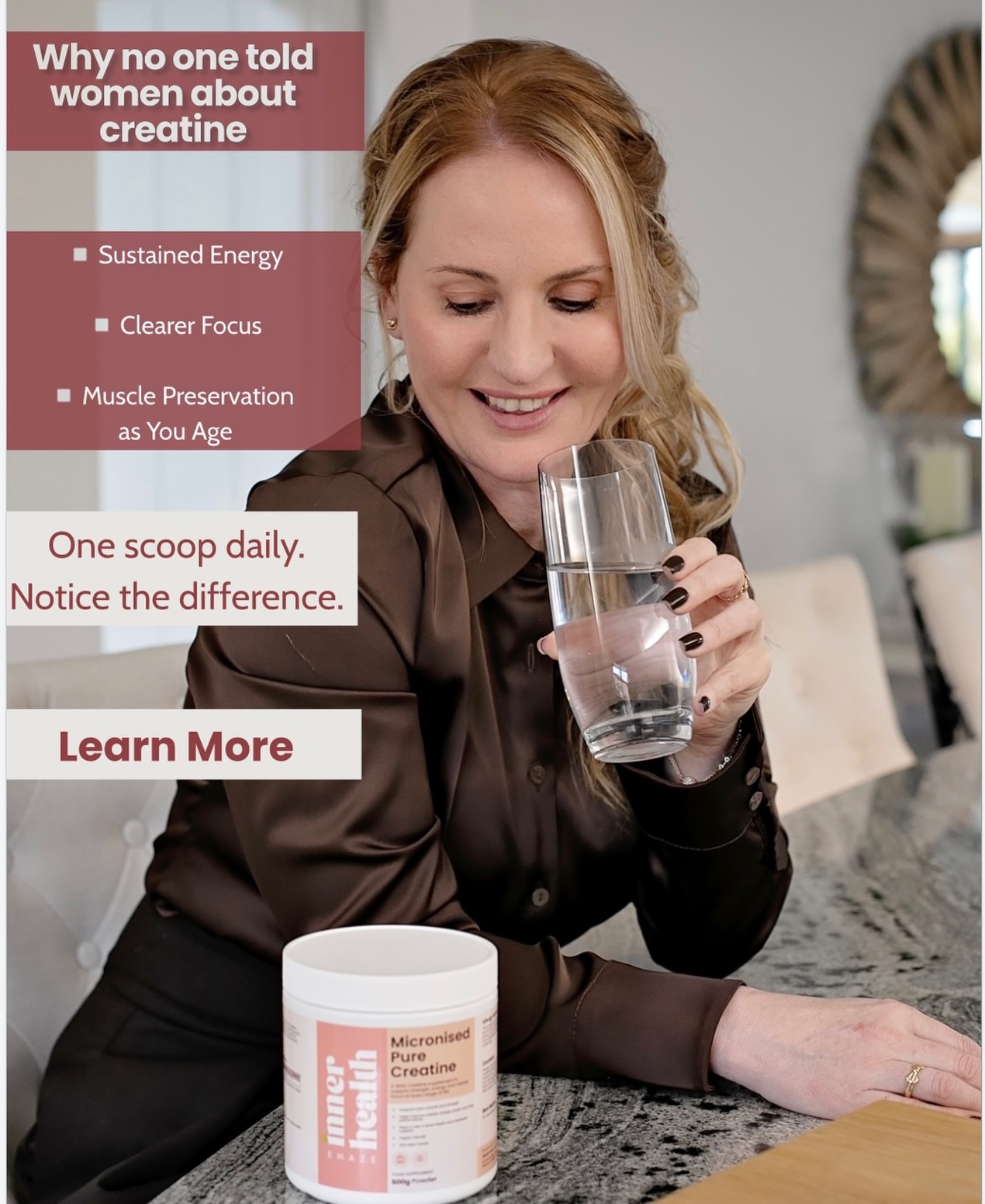 Why I take creatine daily:
not to be bulky, not to chase aesthetics but to take care of my future self. As a woman strength is part of our softness too.
Creatine supports muscle as we age (which protects our metabolism, hormones, and bones).
It supports brain health, mental clarity, and steady energy. It helps us stay capable in our daily routines.
This isn’t about the gym.
It’s about longevity.
It’s about being 60, 70, 80 and still feeling powerful in your own body.
We invest in skincare.
We invest in hair.
Why wouldn’t we invest in our strength?
Soft. Strong. Supported
Link in the bio