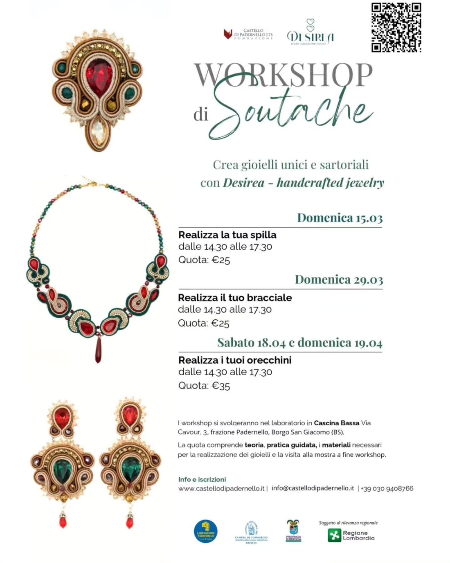 🪡 Tre workshop dedicati ad apprendere come realizzare gioielli in soutache, un’antica tecnica utilizzata a partire dal XVII secolo per decorare abiti aristocratici ed uniformi, che prevede l’intreccio di cordoncini in materiali pregiati come la seta.
⏺️ Domenica 15 marzo – Realizza la tua spilla con la tecnica del Soutache
dalle 14.30 alle 17.30
Quota di partecipazione € 25,00
Posti disponibili: 10
⏺️ Domenica 29 marzo – Realizza il tuo bracciale con la tecnica del Soutache
dalle 14.30 alle 17.30
Quota di partecipazione € 25,00
Posti disponibili: 10
⏺️ Sabato 18 e domenica 19 aprile – Realizza i tuoi orecchini con la tecnica del Soutache
dalle 14.30 alle 17.30
Quota di partecipazione € 35,00
Posti disponibili: 10
👉🏼 La quota di partecipazione comprende formazione teorica, pratica guidata e i materiali per realizzare i gioielli.
Al termine dei workshop ogni partecipante porterà a casa il proprio gioiello e avrà la possibilità di visitare la mostra Custodire!