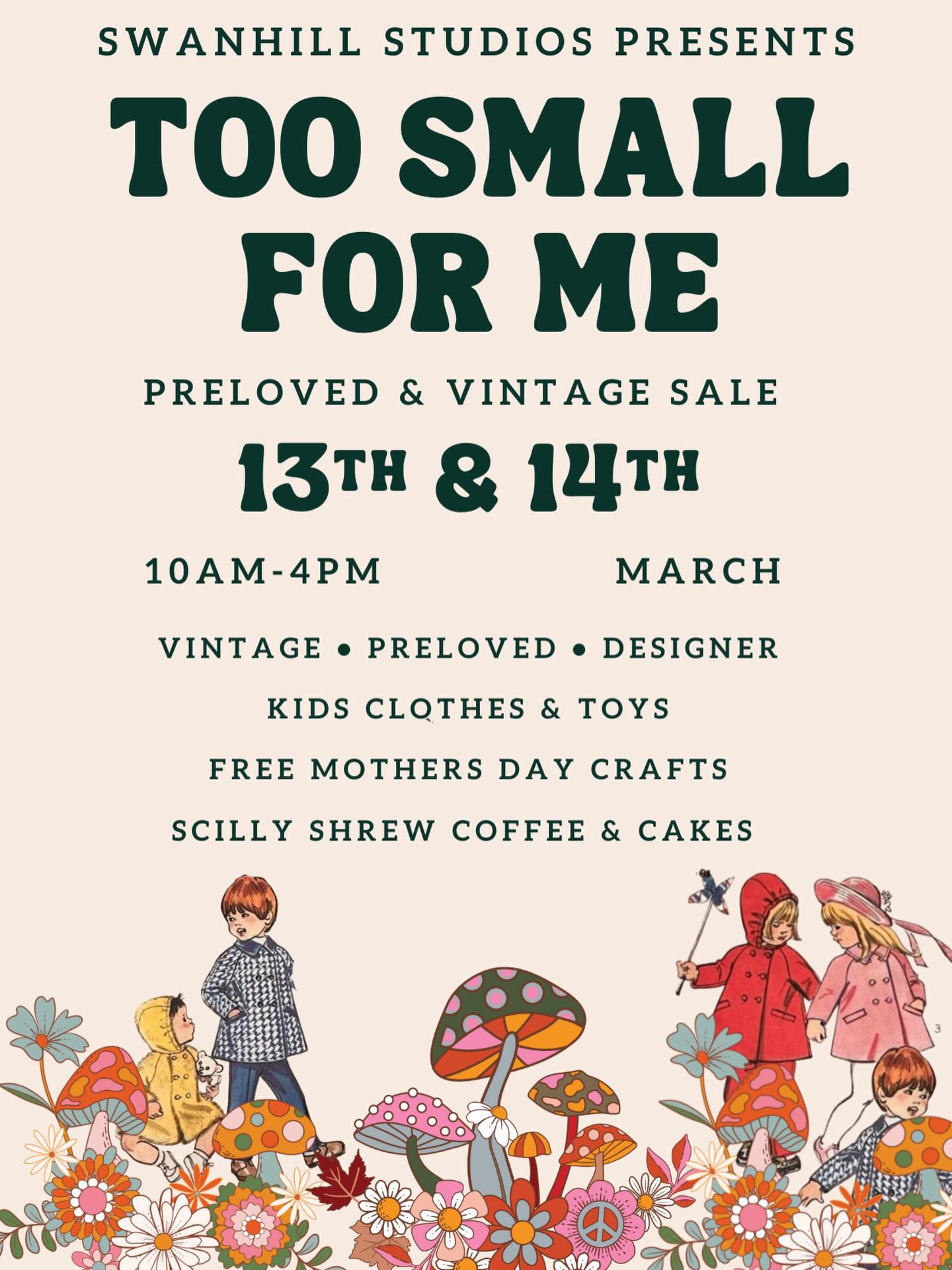 Mamas, Papas, Carers & Smalls! Please join us at Swan Hill Studios on Friday 13th and Saturday 14th March for boogie preloved, vintage and designer sale of kids clothes and toys, delicious coffee from @scillyshrewscoffee yummy cakes and free Mothers Day crafts. Expect some brilliant private sellers plus experts including @storemarmello and a few of our favourite brands. Pop it in your diary ❤️ ps. We’ve tagged a few yummy mummies but please spread the word 🙏