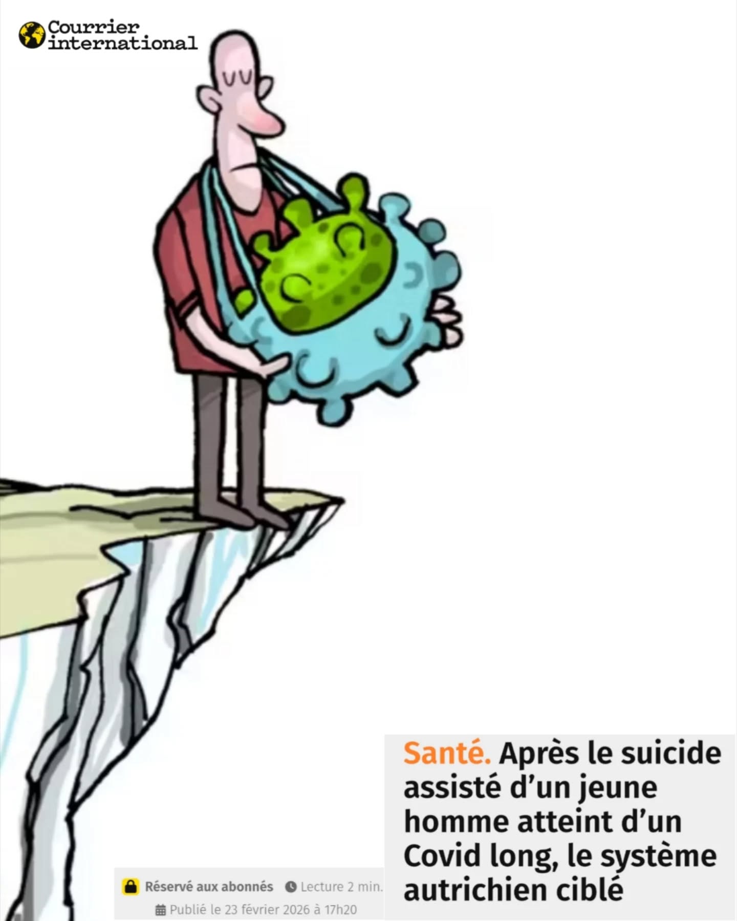 Merci au @courrierinter d’avoir consacré un article à Samuel, dont le parcours rappelle tragiquement les conséquences humaines du manque de reconnaissance et de prise en charge des maladies #postCovid.
Samuel vivait avec un #CovidLong et avait développé une Encéphalomyélite Myalgique #EM après son infection.
Faute de soins adaptés et de soutien dans son pays, l’Autriche, il a fini par demander un suicide assisté. Son histoire met en lumière l’urgence d’une meilleure reconnaissance médicale, sociale et politique de ces maladies invalidantes.
En donnant une visibilité à son témoignage, votre rédaction contribue à faire exister ces réalités trop souvent ignorées.
Merci pour ce travail essentiel d’information.
#Apresj20
🔗 urlr.me/qKsnVA