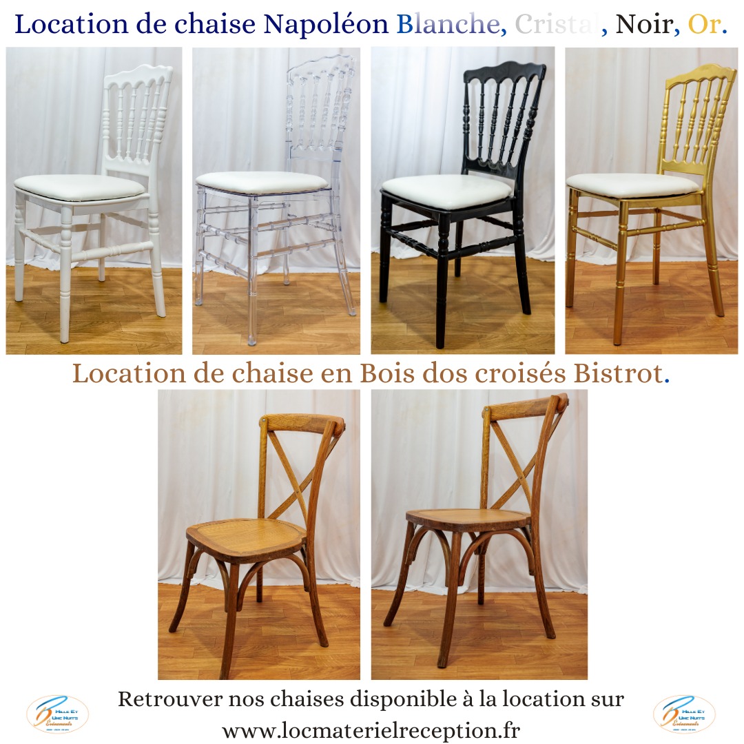 Mille et une nuits événements, prestataire événementiel depuis 25 ans, basé à Fougères en Ille-et-Vilaine (région Bretagne), vous propose un large choix de chaises pour votre réception. Vous trouverez notamment la chaise Napoléon blanche, la chaise Napoléon cristal, la chaise Napoléon noire, la chaise Napoléon or, ainsi que la chaise en bois bistrot à dos croisé. Toutes ces références sont disponibles à la location sur la région Bretagne, les Pays de la Loire et en Normandie pour votre mariage, anniversaire, inauguration, séminaire, soirée de Gala, repas d’entreprise…
Vous pouvez les retrouver sur notre site boutique www.locmaterielreception.fr ou vous pourrez les voir plus en détail et nous envoyer une demande de devis via notre site.
#mariage #mariage2026 #mariage2027 #inauguration #soireedegala #baroque #seminaire #bretagne #normandie #paysdelaloire #marié #anniversaire #toutlemonde #google #fougères #locationmobilier #locationchaise