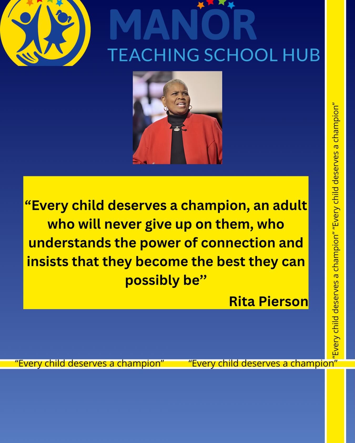 Who was that champion for you growing up… and who are you being a champion for today? 💭
Rita Pierson reminded us that relationships are at the heart of education. Let’s continue to show up, lift up, and believe in every child, every single day. ❤️📚 #EveryChildMatters
@manormultiacademytrust @ambition.inst