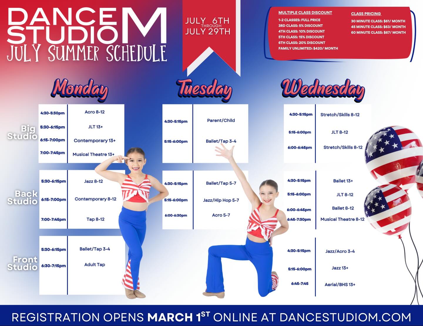 Cue the fireworks because our July lineup is bringing the heat 🇺🇸✨
Stars, stripes, and strong technique! We’ve got something for EVERY age and stage! Whether you’re a parent ready to introduce your tiny twirler to dance, a dancer leveling up her craft, or an adult looking to refine your skills, this summer session is your time to shine.
📅 July 6th – July 29th
Registration opens March 1st
Secure your spot at dancestudiom.com or email michelle@dancestudiom.com