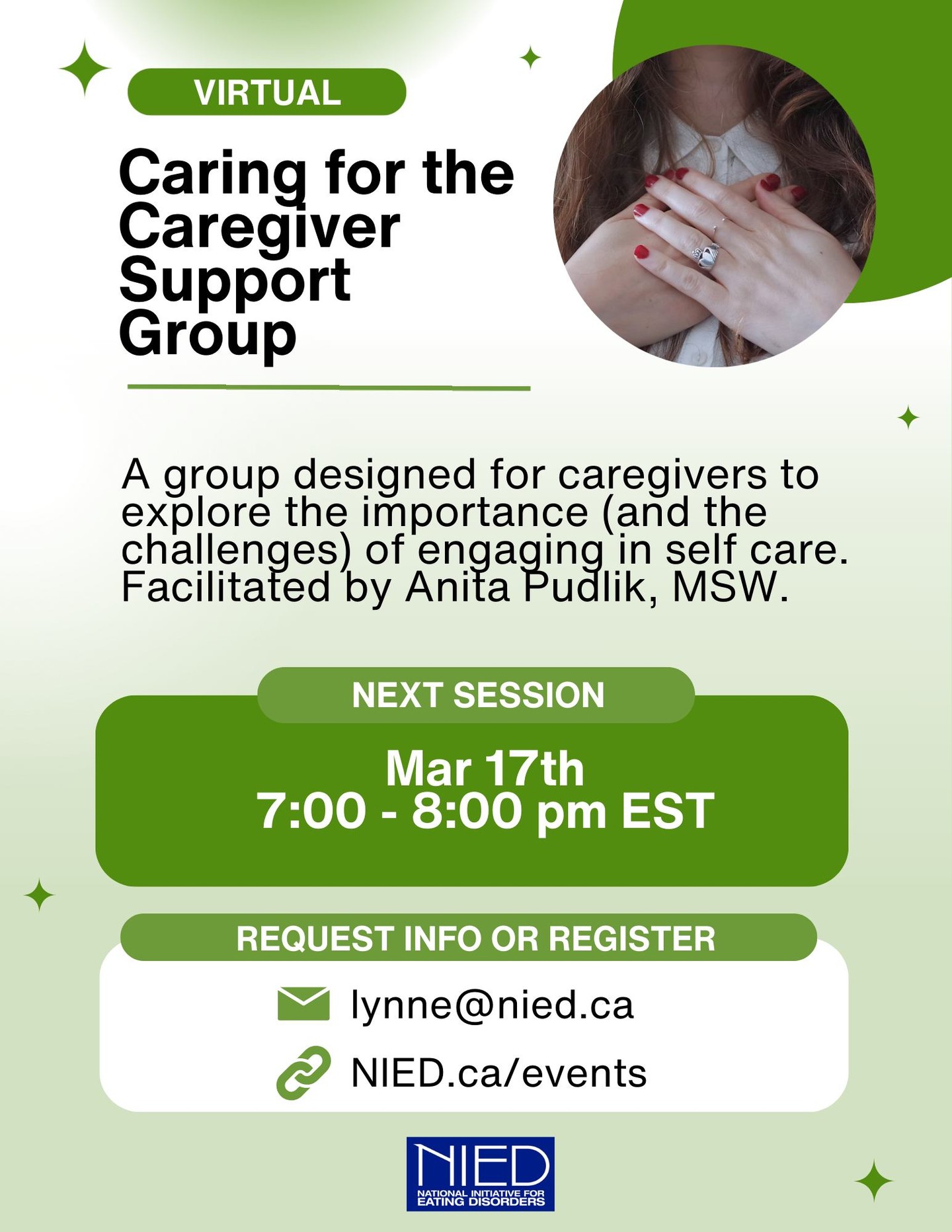 Coming up on March 17th: our next caring for the caregiver support group ā¤ļøāš©¹
This support group is designed specifically for caregivers to explore the importance (and the challenges) of engaging in self care. We are best able to support our loved ones if we feel supported ourselves. This group will be facilitated by Anita Pudlik, MSW.
Register at NIED.ca/events!
ā