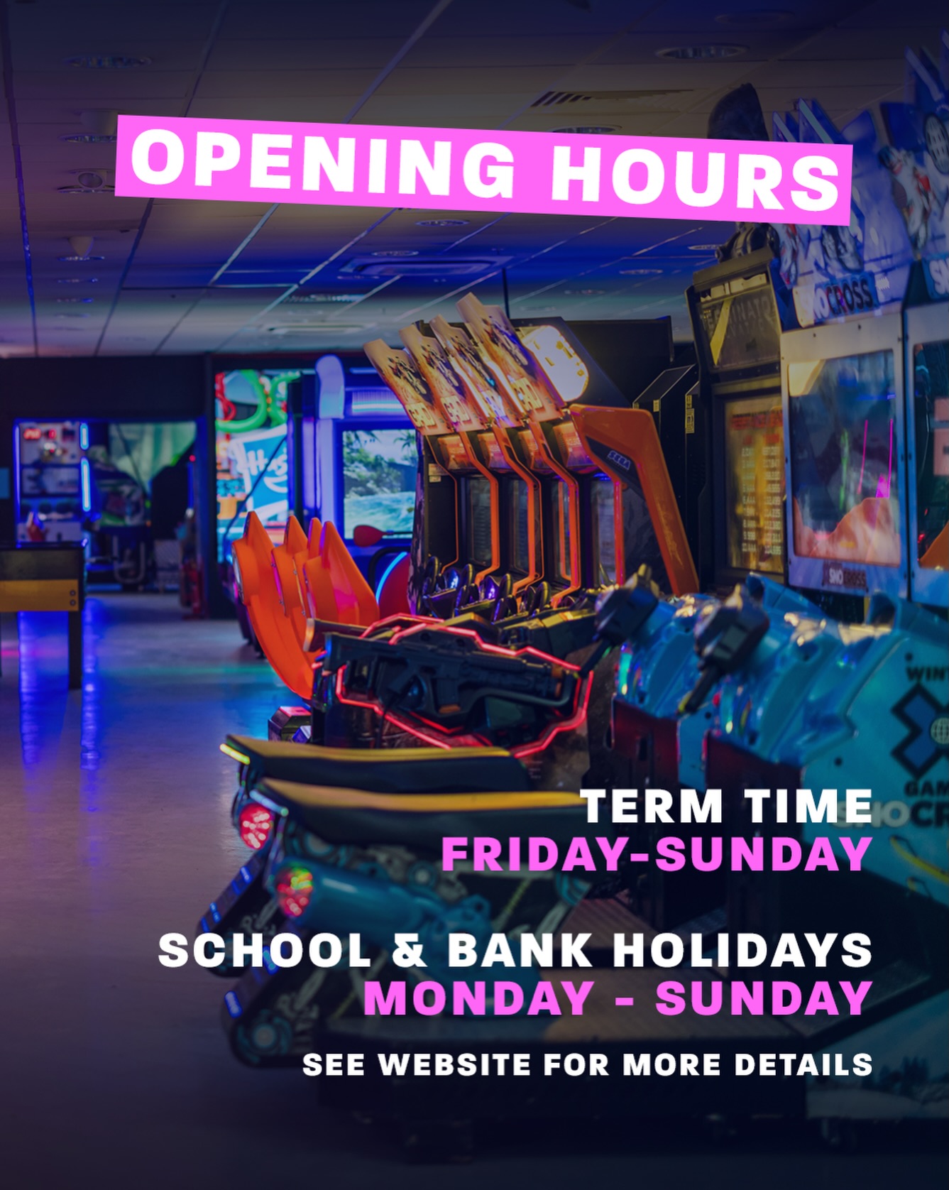 Opening Hours
Looking for a family-friendly adventure this weekend?
Look no further than High Score Arcades!
Find us in:
🎮 Andover
🎮 Bracknell
🎮 Farnborough
🎮 Newbury
🎮 Southampton
🎮 Swindon
🎮 Worcester
📅 TERM TIME:
Fridays: 4pm - 8pm
Saturdays: 10am - 8pm
Sundays: 10am – 6:30pm
📅 SCHOOL HOLIDAYS:
Monday - Saturday: 10am - 8pm
Sunday: 10am - 6:30pm
Closing times may vary, please view our website for accurate times per store.
💡 Pro tip: Walk-ins are welcome, but it’s always best to book ahead for busy periods!
Bring the family and enjoy epic gaming, laughs, and memories at High Score. 🎉 See you soon!
#ArcadeFun #FamilyGaming #weekendactivities #HighScoreArcades