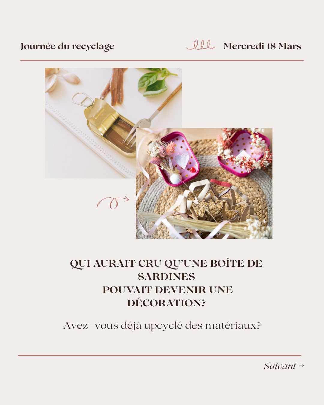 Mars le mois du recyclage créatif.
Des boîtes de sardines, une chute de tissu… des papiers colorés...
Entre nos mains, ces matières reprennent vie et deviennent des objets uniques.
C’est toute la magie du Mois du recyclage à l’Atelier MT’Créa :
apprendre à regarder autrement ce qui nous entoure et découvrir que la créativité peut transformer presque tout.
Pendant ces ateliers, je vous invite à expérimenter, assembler, détourner et créer librement dans une ambiance douce et inspirante.
Pas besoin d’être expert… juste l’envie de faire, d’explorer et de se laisser surprendre 🌿
📍 À Annecy – Atelier MT’Créa
👩🎨 Ateliers enfants & adultes
🌿 Programme de mars en ligne