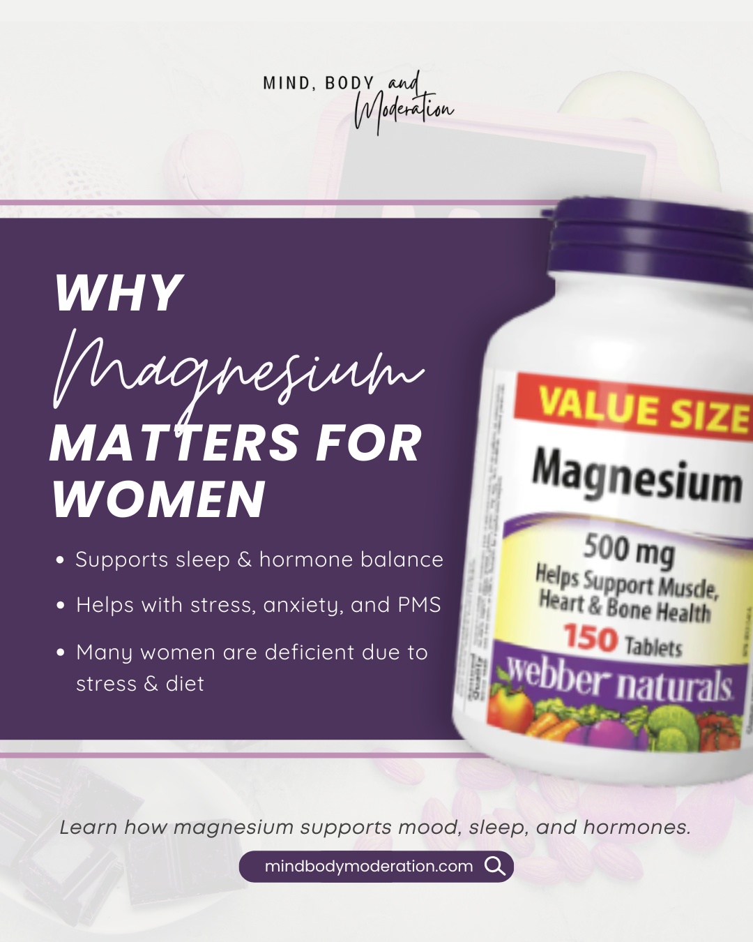 Magnesium powers over 300 functions in your body—but many women don’t get enough of it. 😮💨 Deficiency can quietly worsen anxiety, sleep issues, PMS, and hormone imbalances.
Here’s why magnesium matters:
✨ It calms your nervous system
✨ Supports estrogen & progesterone balance
✨ Promotes deep, restorative sleep
✨ Helps reduce PMS, tension, and irritability
Your body needs it, your hormones love it. Let magnesium be part of your wellness ritual.
https://www.mindbodymoderation.com/post/magnesium-for-women-which-type-is-best-for-sleep-anxiety-and-hormones
#MagnesiumForWomen #HormoneHealth #WomensWellness #BetterSleepNaturally #StressSupport #MindBodyModeration