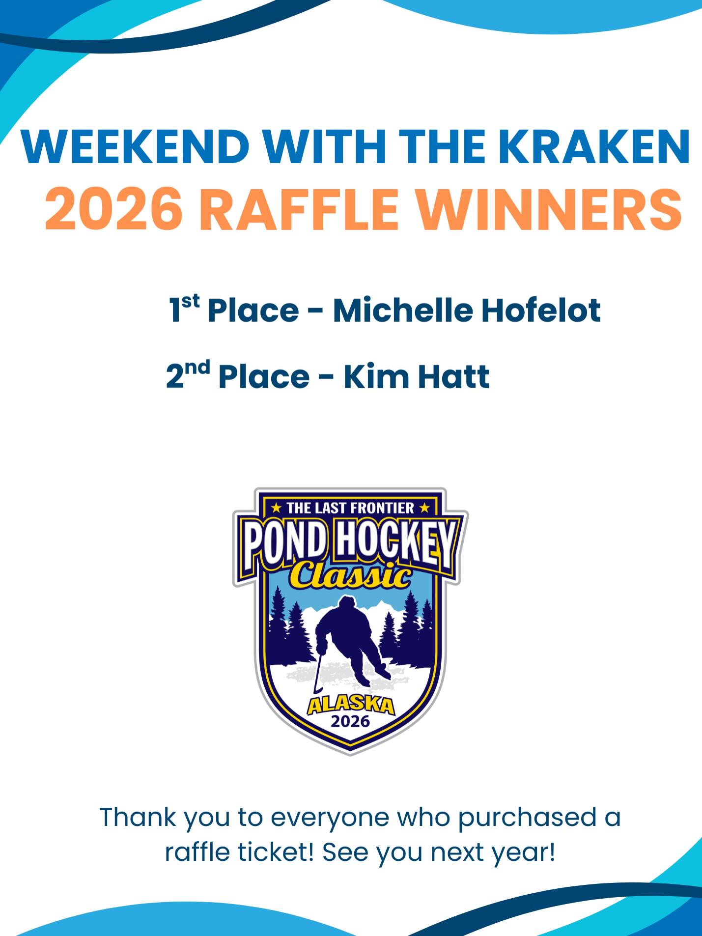 Thank you to everyone who purchased a Weekend with the Kraken raffle ticket this year!
Winners were announced before the last championship game on Sunday at 2/22 at the 2026 Last Frontier Pond Hockey Classic 🏒
Congratulations to our two winners! Have the best time! @seattlekraken
Thank you for all your support! @scottygomezfoundation