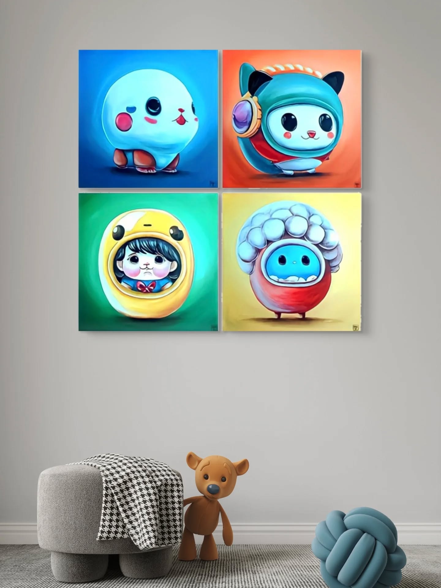 This artwork, composed of four squares, was created by me as a custom commission for a kindergarten in Geneva, Switzerland. It was designed with children’s perception in mind: bright colors, soft shapes, and friendly characters help children engage more easily with the imagery and stimulate their imagination.
The piece is a perfect choice for decorating a child’s room or any children’s space — such as a kindergarten, studio, or play area. It brings warmth, joy, and a lively atmosphere to the interior.
✨ If you’d like to create a unique space for a child or design a custom artwork for a children’s environment, feel free to contact me for a personalized commission. I’d be happy to bring your idea to life.