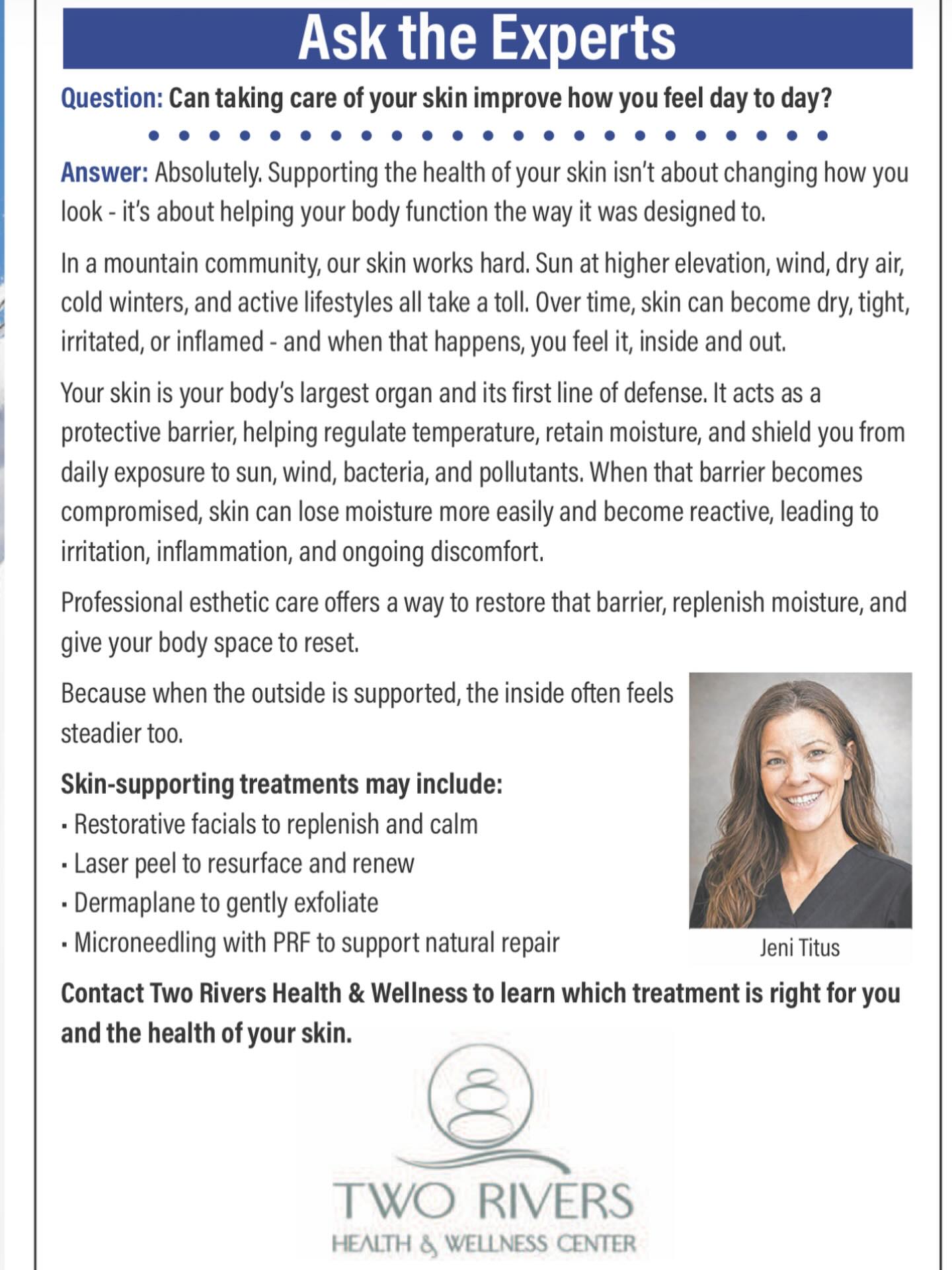 We’re doing a fun Ask the Experts series in the newspaper, and this week we’re talking about skin health.
One thing that’s been interesting is how many clients say they’re surprised by how much better they feel physically after a session focused on their skin. Of course, there’s usually a little Reiki woven in too, which definitely helps the overall experience.
If there are wellness topics you’d like to see explored, we’d love to hear from you!
Sending wishes and love!!!