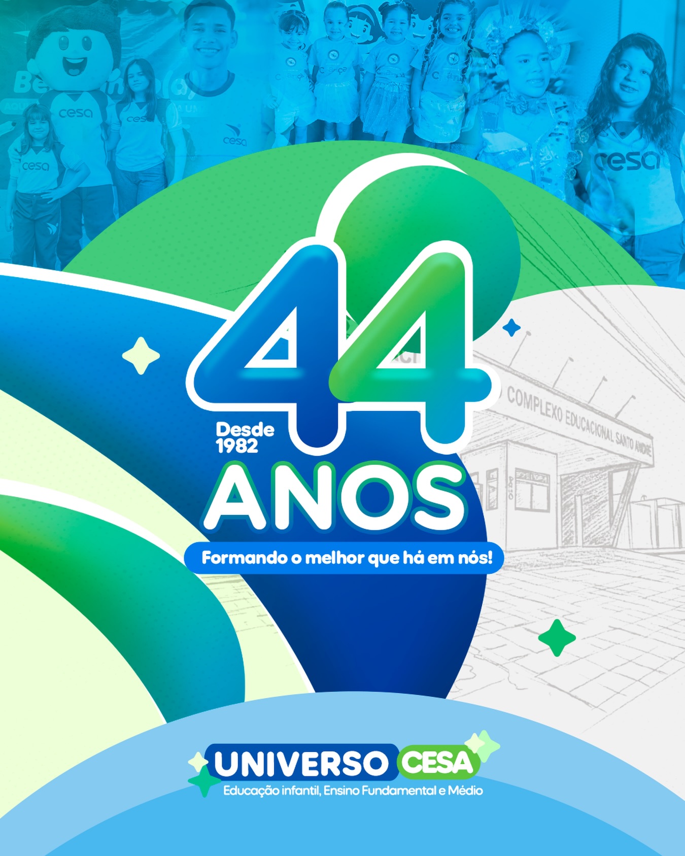 Hoje nossa escola amada completa 44 anos, transformando vidas e construindo futuros! 🎓✨
Formando o melhor que há em nós! 💚💙
Desde 1982, o Universo CESA trilha um caminho de dedicação à educação, do Ensino Infantil ao Médio. Mais do que ensinar, nossa missão é formar o grandes cidadãos.
Agradecemos a cada família, aluno e colaborador que faz parte dessa história de sucesso, amor e aprendizado continuo.
O CESA é de cada um de nós! Um universo de aprendizado construído diariamente por muitos e toda a comunidade escolar, nossa família. ❤️
#universocesa #educação #44anos #formandoofuturo
