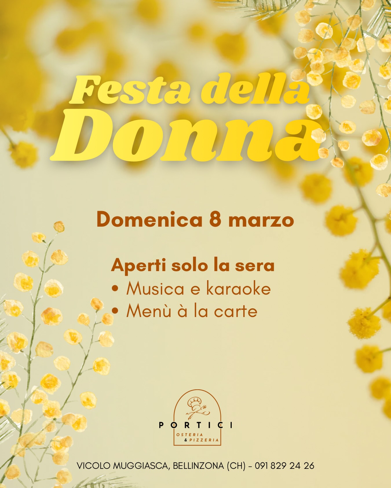 🌼 Festa della Donna 🌼
Domenica 8 marzo
Saremo aperti solo la sera per festeggiare insieme come si deve.
✨ Musica e karaoke
🍽️ Menù à la carte
Una serata leggera, divertente e senza pensieri.
Buon cibo, buona compagnia e la giusta atmosfera. 💛