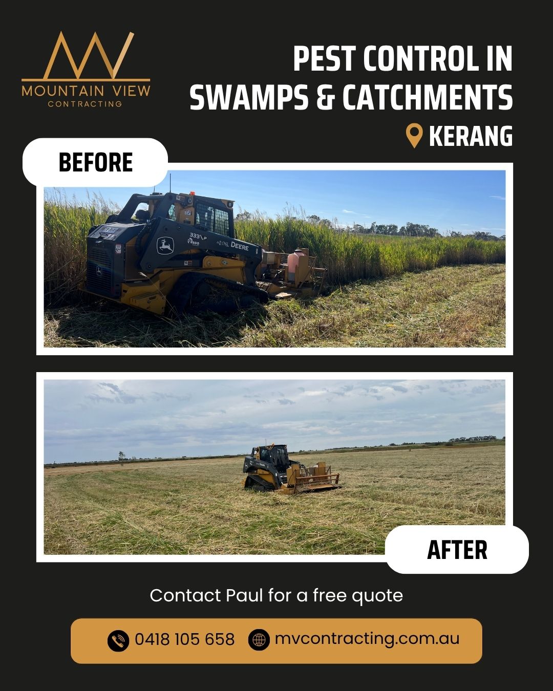 Heavy machinery doesn't belong in sensitive wetlands—but the Eco Blade does.
This catchment job in Kerang needed invasive species cleared without compromising the surrounding ecosystem. Our approach: low ground pressure tracks, controlled chemical application, and precision removal with no burn-off required.
Ideal for swamp edges, drainage lines, and inaccessible wet zones.
Contact Paul via messenger or the MVC website for a free quote.