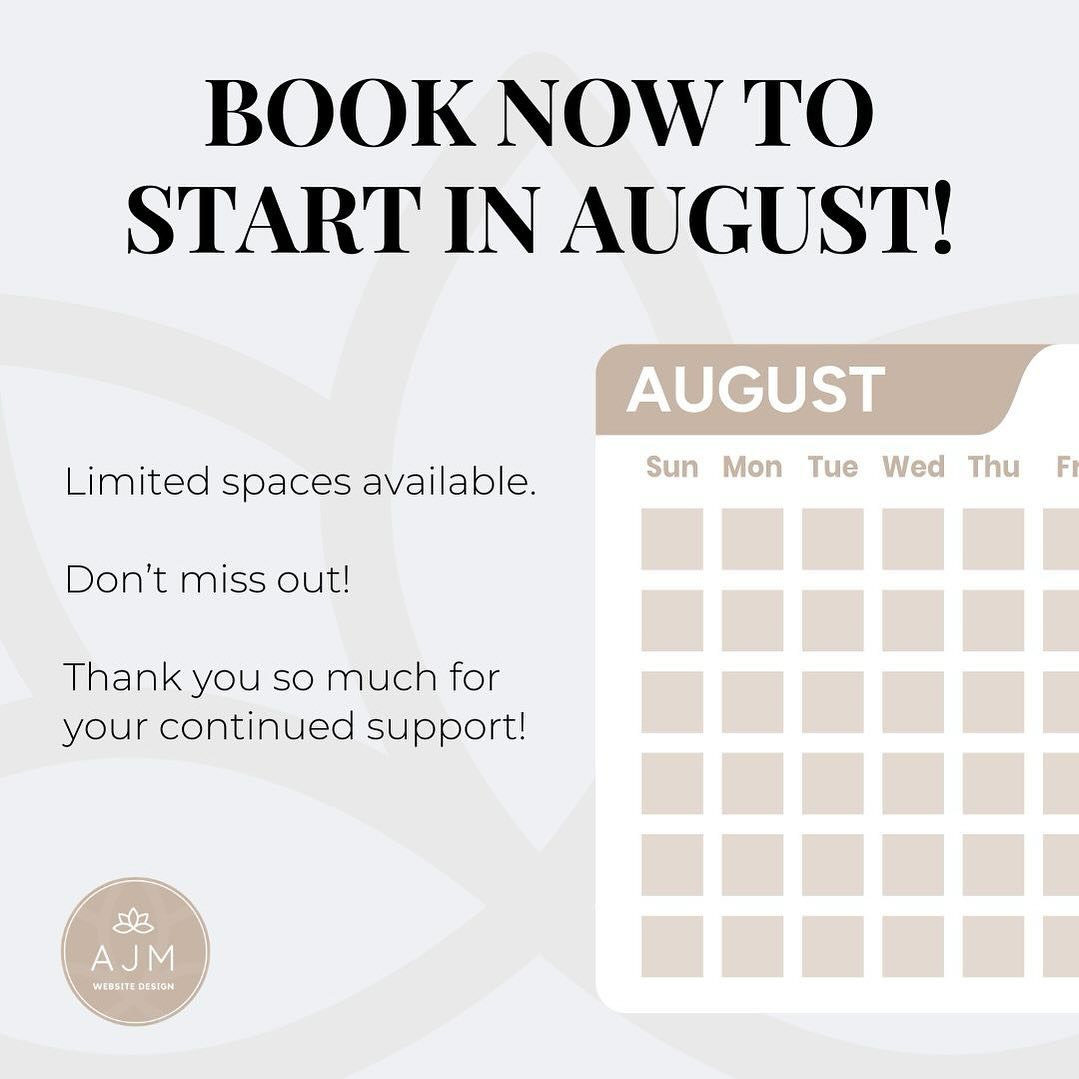 Book now to start in August for website design projects.
June and July are now fully booked.
Reserve your slot soon before they are gone 🗓️
I have added a link in my bio to book a free 30 minute consultation. Availability for calls start w/c 10th June as I’m current on holiday with my gorgeous family having some well deserved time off ☀️
#ajmwebsitedesign #websitedesign #booknow #wixwebsites #smallbusiness #solopreneur #selfemployed #smallbusinesssurrey