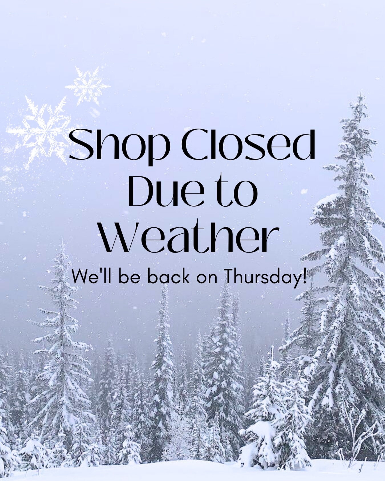 Shop closed due to weather ❄️
If you have any questions or concerns feel free to contact us at:
(207)859-0005
.
Stay warm out there!