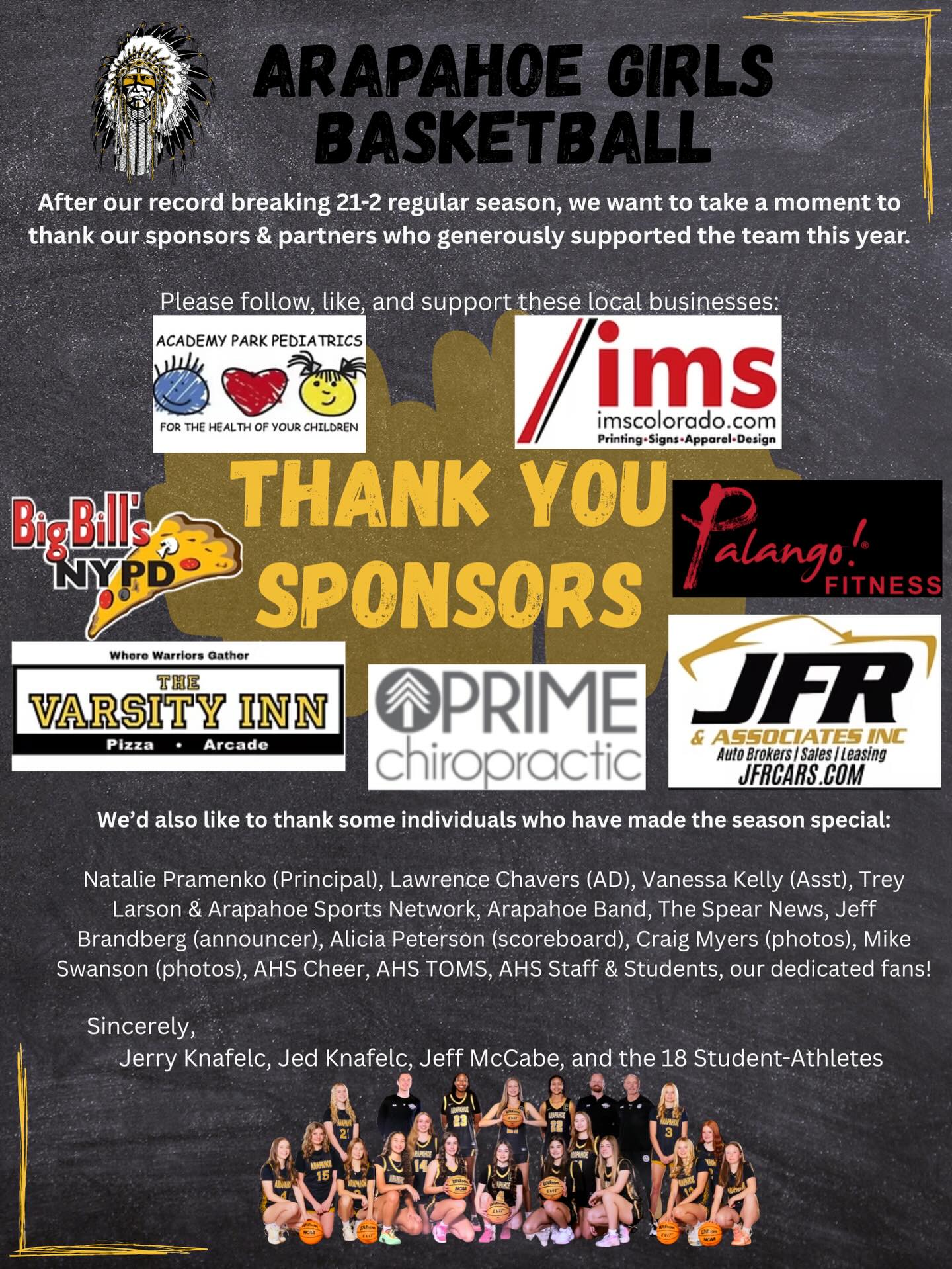 Thank You! After our record breaking 21-2 regular season, we want to take a moment to thank our sponsors & partners who generously supported the team this year.
Please follow, like, and support these local businesses:
@thevarsityinn
@jfrcars
@primechiropracticdenver
@imscolorado
@bigbillsnypizza
@palangofitnessofficial
www.academyparkpeds.com