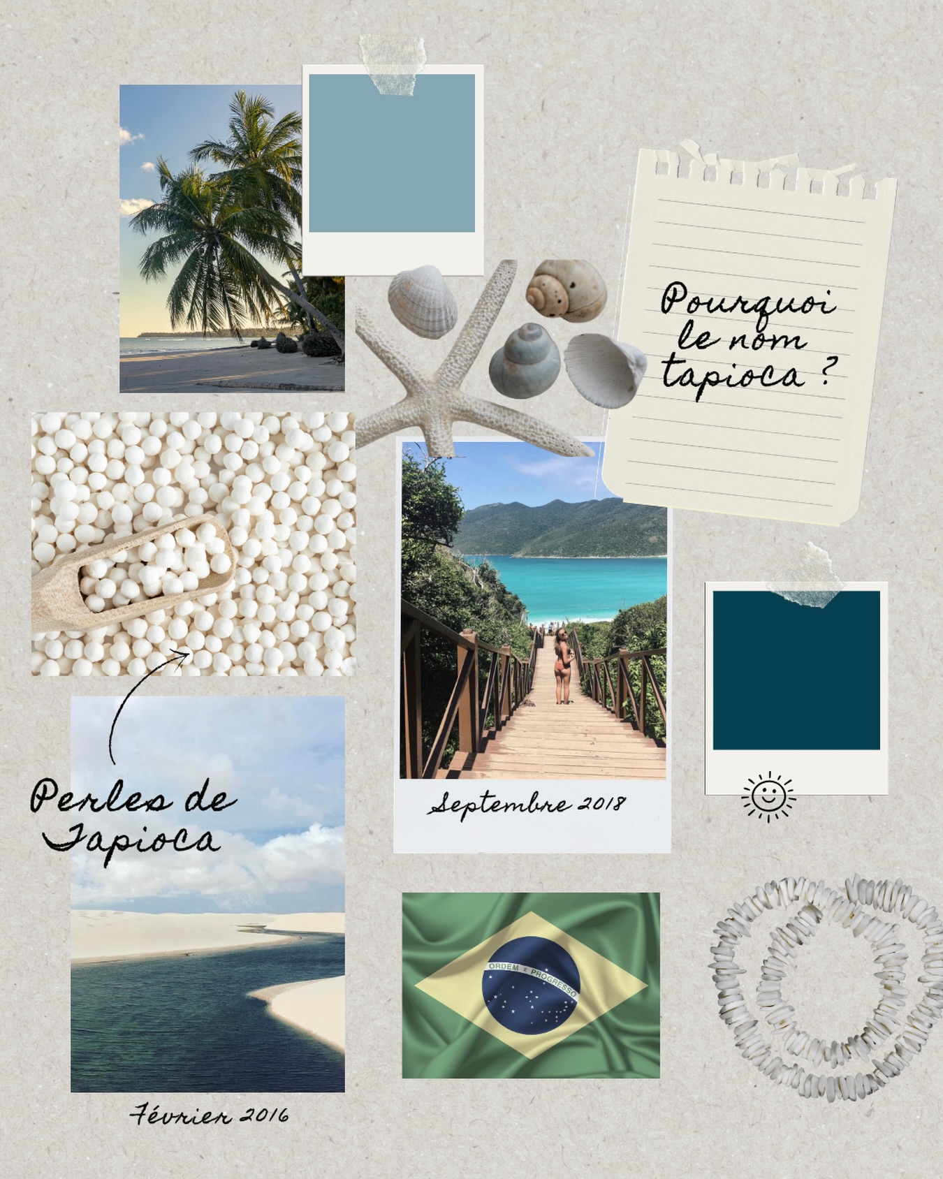 Pourquoi le nom Tapioca bijoux ?
Quand le nom Tapioca m’est venu, ça a été une évidence ! Le Tapioca, c’est des petites perles blanches beaucoup utilisées dans la cuisine brésilienne.
Et le Brésil a une place particulière dans ma vie.
J’y ai vécu 6 mois en échange universitaire, mais j’y étais déjà allée avant — et ça avait été un énorme coup de cœur.
L’énergie là-bas est indescriptible.
Le soleil. La musique partout. La danse.
Les gens hyper chaleureux, solaires, vivants.
Je suis tombée amoureuse de cette vibe.
Alors quand j’ai cherché un nom pour la marque, “Tapioca” s’est imposé.
Un clin d’œil au Brésil.
Un jeu de mot avec les perles.
Un mot qui me faisait sourire.
Et aujourd’hui, je trouve que ce nom match avec les bijoux que je crée.
Lumineux. Solaires. Colorés. Joyeux.
Comme un petit bout de Brésil à porter ✨