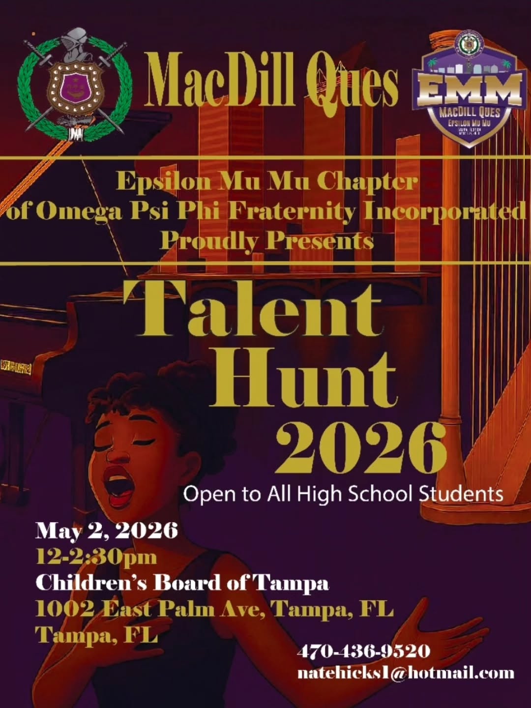 Calling all high school stars! The Omega Psi Phi High School Talent Hunt 2026 is here, and it's your time to shine! Hosted by the Epsilon Mu Mu Chapter, this is your chance to showcase your talents and maybe even win big!
Whether you sing, dance, paint, or spit bars - we want to see it all! Don't miss out on the chance to perform in Tampa, FL, and be recognized for your passion and hard work.
Save the Date: May 2, 2026 @12-2:30pm Location: Tampa, FL Application due by April 15th, 2026!
Application Link page:
https://www.emm-opp.org/talenthunt
Please fill out and email to Natehicks1@hotmail.com.ย Parents, Teachers & Mentors, let's nurture our young talent together! Encourage your students to register for an enriching experience that could launch their artistic careers.
The stage is set for greatness. Will you step into the spotlight?
#OmegaTalentHunt2026
#YouthTalent
#ArtisticExcellence
#StepIntoTheSpotlight
@highlight
@followers
@you
@me
#mspu
talent
opportunity
endeavor
contest
competition
fyp
Let's make this a celebration of talent that will be remembered for years to come!