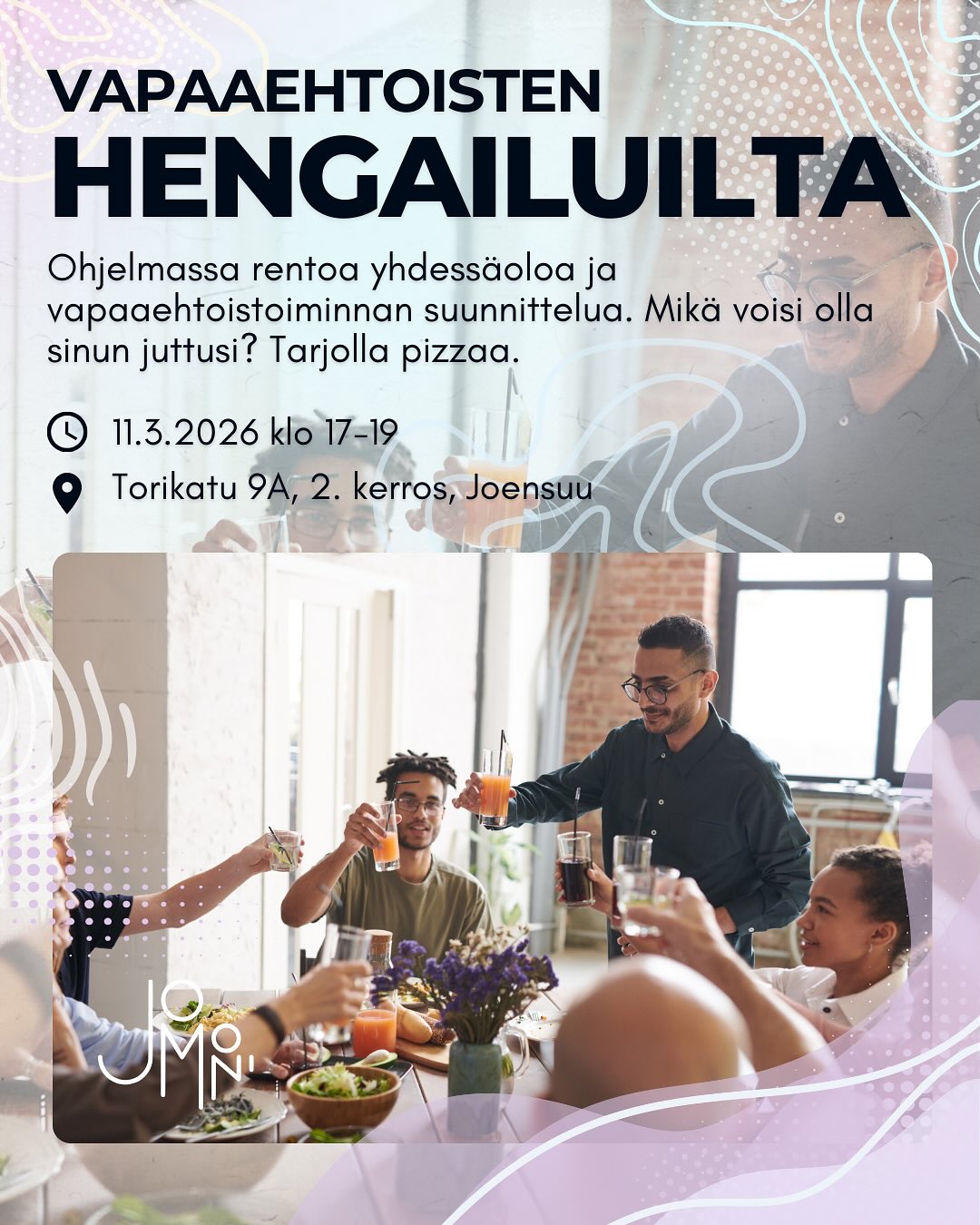 In English below. 🇺🇸
Tervetuloa vapaaehtoisten hengailuiltaan keskiviikkona 11.3.2026 klo 17-19! 😍🍕
Vietetään rento ilta ja suunnitellaan vapaaehtoistoimintaa. Mikä voisi olla sinun juttusi?
Lisäksi herkutellaan, sillä tarjottavana on pizzaa. 😋
Vastaa postauksen kyselyyn, pääsetkö tulemaan. Kiitos!
Nähdään vapaaehtoisten suunnitteluillassa! ❤️
—
Welcome to a volunteer hangout evening on Wednesday, March 11, 2026, from 5pm to 7pm! 😍🍕
Let’s spend a relaxed evening together and plan volunteer activities. What could be your thing?
We’ll also enjoy some pizza. 😋
Please reply to the poll to let us know if you can come. Thank you!
See you at the volunteer planning evening! ❤️
#vapaaehtoiset #volunteers #vapaaehtoisilta #jomoni #joensuu #pohjoiskarjala