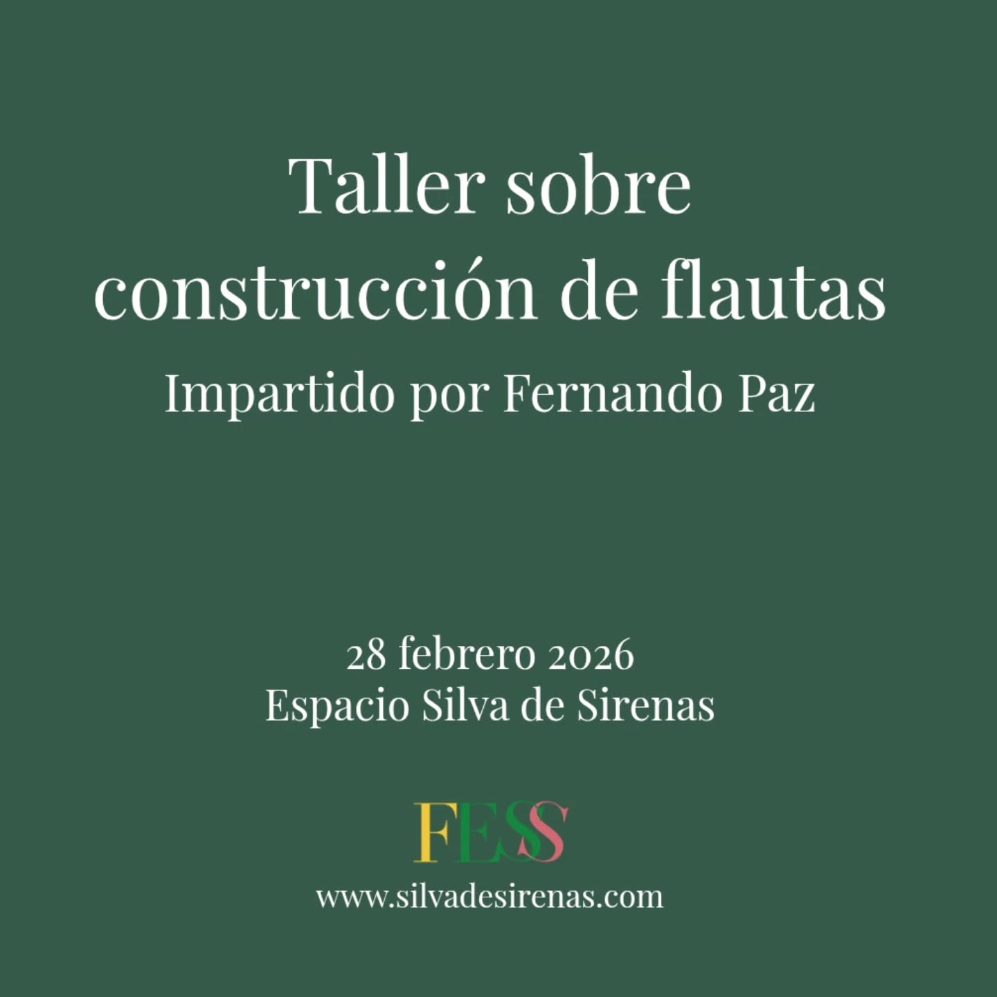 Taller sobre construcción de flautas.
Impartido por Fernando Paz, flautista y constructor de flautas.
En el taller podrás conocer y acercarte a los secretos de la construcción de flautas, materiales, herramientas, su historia y contexto, su mantenimiento y otras curiosidades.
📌Sábado 28 de febrero de 2026
Espacio Silva de Sirenas, Madrid
📌Inscripciones en fess@silvadesirenas.com
www.silvadesirenas.com
______
#FESSMadrid #SilvaDeSirenas #MúsicaAntigua #UnEspacioParaElArte #flautadepico