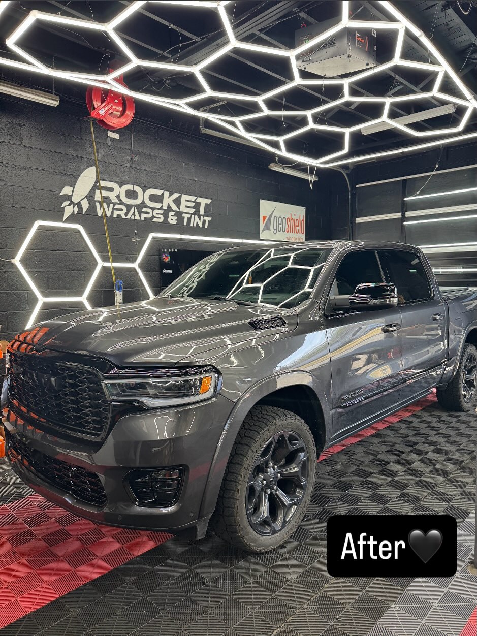 Completed a Full Chrome Delete and Tinted the front two windows on this Ram 1500 to completely change the look and give it the full blacked out style!🔥#chromedelete #glossblack #ram1500 #pittsboronc #windowtint