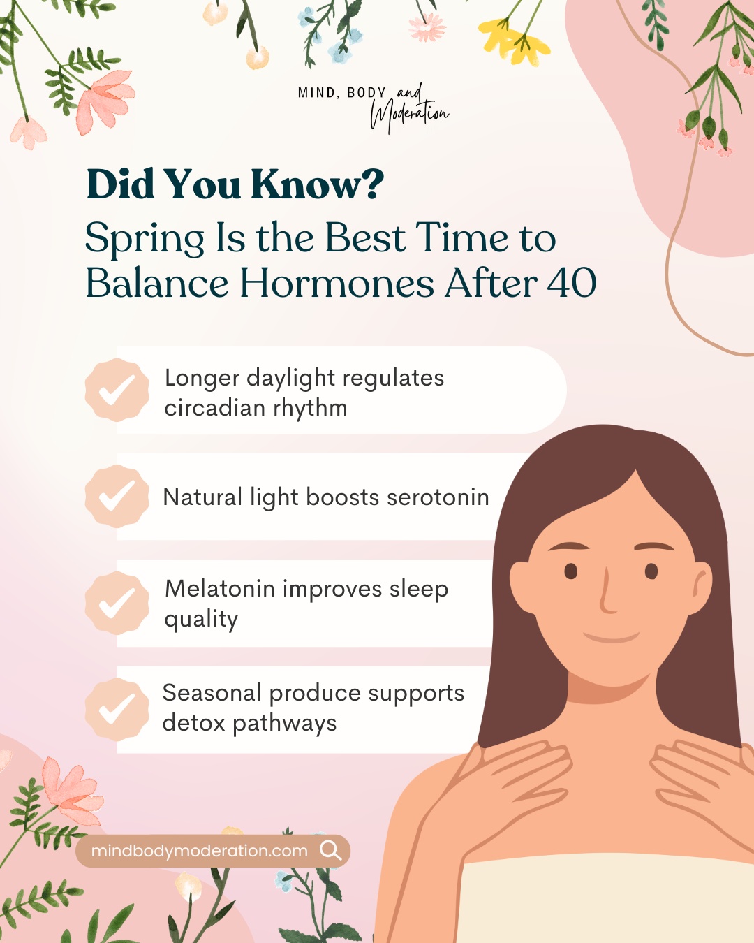 Did you know spring naturally supports hormone balance after 40?
Here is what changes this time of year:
Longer daylight helps regulate your internal clock
Natural light boosts serotonin for mood stability
Balanced melatonin improves sleep
Seasonal vegetables support estrogen metabolism
Foods like asparagus, leafy greens, radishes, strawberries, and rhubarb provide nutrients that support liver detox and reduce inflammation.
If you have been feeling wired at night, sluggish in the morning, or emotionally off, your circadian rhythm may need attention.
Start by getting 10 to 20 minutes of morning sunlight daily and adding one seasonal vegetable to your meals this week.
Read more at https://www.mindbodymoderation.com/post/why-spring-is-the-best-time-to-balance-hormones-after-40
#HormoneHealth #WomenOver40 #SpringWellness #PerimenopauseSupport #HealthyHormones