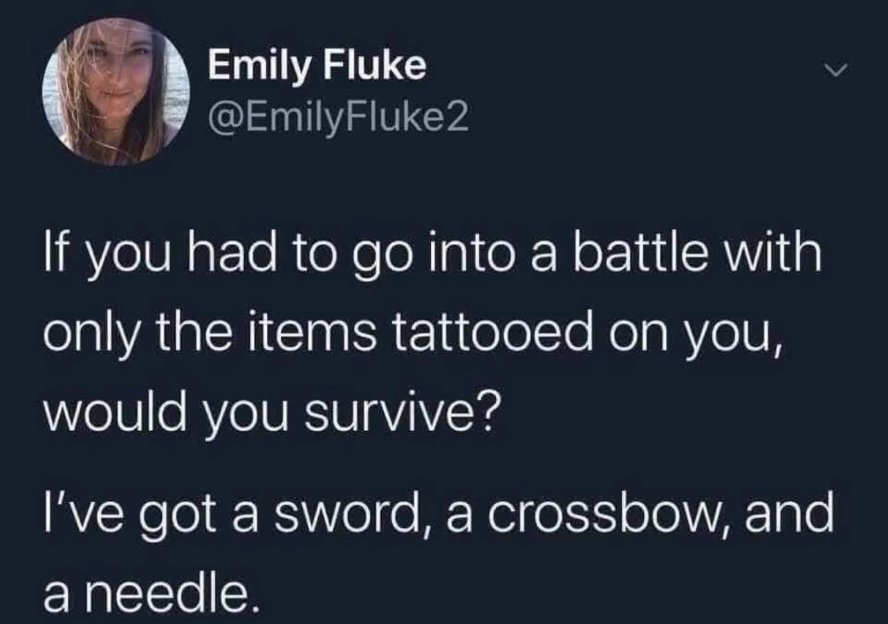 As captain, I got a murder of crows bleeding out my heart , so black blood crows? Also have an umbrella , the high priestess tarot card , and I got wings to fly I think we good :). Do your tattoos give you any weapons or powers?