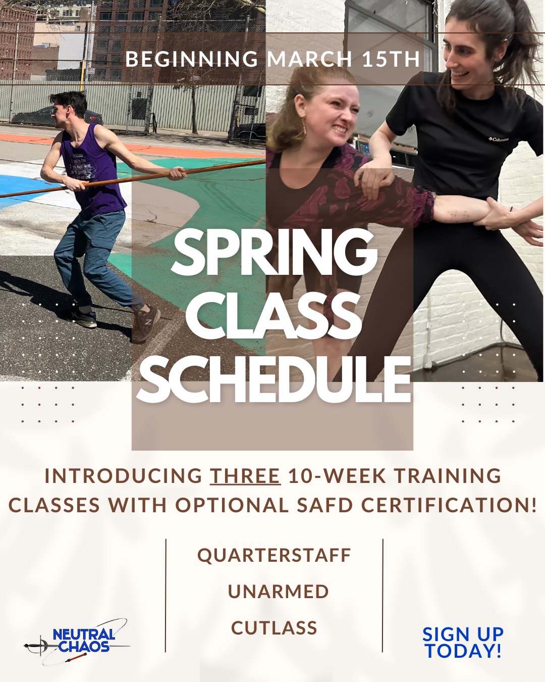 THE MOMENT WE'VE BEEN WAITING FOR! Not one, not two, but THREE new classes just dropped on our newly updated website!! Head over to www.neutralchaoscombat.com or click the link in our bio to get more info and SIGN UP TODAY!
Don't delay - classes begin March 15th! Can't wait to see you there!