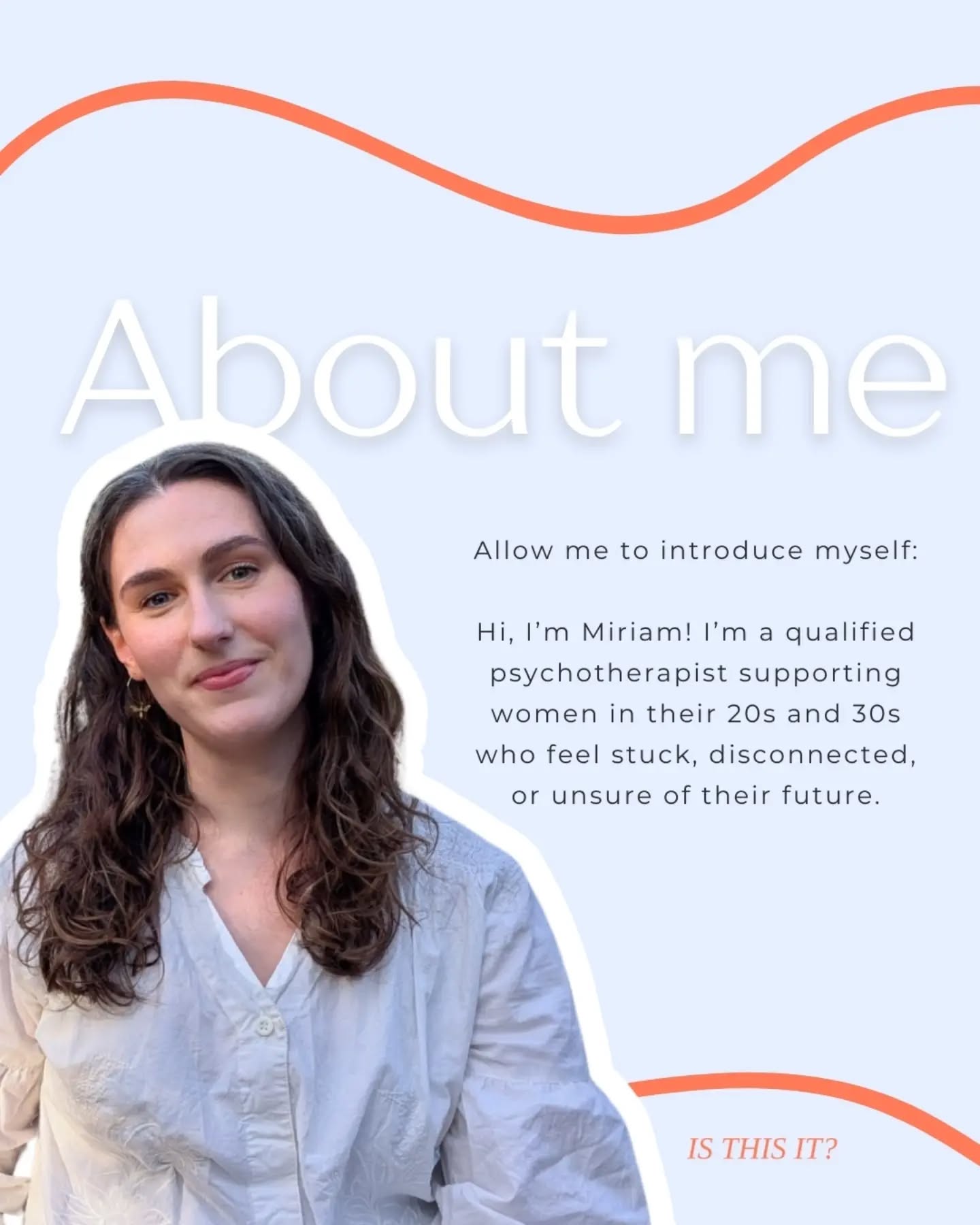 Hey, I'm Miriam - let me introduce myself...
💼 I'm a qualified psychotherapist and counsellor, and member of the BACP. I have 5+ years experience as a practicing therapist.
🧠I have lived experience of anxiety, comparison, low-confidence, and feeling stuck and lost in my 20s.
🌎I'm from the UK, but I now live in Sweden! This move was very much in alignment with what I wanted, but it took a lot of self-reflection, therapy, and confidence building to be able to identify this want (and make it happen).
🌳When I'm not in the therapy room, I am probably outside or in the kitchen. I love nature, wild swimming, SUP-ing, being creative (my recent fixation = sewing), and baking!
Now you know a little more about me, this is my application to be the therapist for you...
If you're a woman in her 20s or 30s and you’ve ever thought:
“I’m exhausted from second-guessing every decision”� “I don’t even know what I want anymore”� “Is this really it?” Then I might be able to help you in therapy🫶
I help my clients with:
➡ feeling stuck in careers or relationships that no longer feel right
➡ overthinking every life decision until it feels paralysing
➡ anxiety about time passing and “falling behind”
➡ losing self trust, self-belief and confidence
➡ wanting more from life but not knowing what that actually looks like
A lot of the women I work with are exhausted from trying to figure it all out, whilst quietly wondering if there’s more to life than this. You don't have to go through it alone!
Therapy with me can help you feel clear about your future, and confident to start living in alignment with what really matters to you. Whether that's pursuing that dream career, finding a relationship or friendship group that truly fits you, or booking that one-way ticket to try living abroad 💕
My work is for the woman who wants more from her life.
More connection. More direction. More honesty with herself.
Interested to know more? There's a link in my bio to learn how we can started working together... or just stick around, I'd love to have you here!
.
.
#quarterlifecrisis #moderntherapy #getunstuck #selfdoubttoselftrust #therapyforoverwhelm
