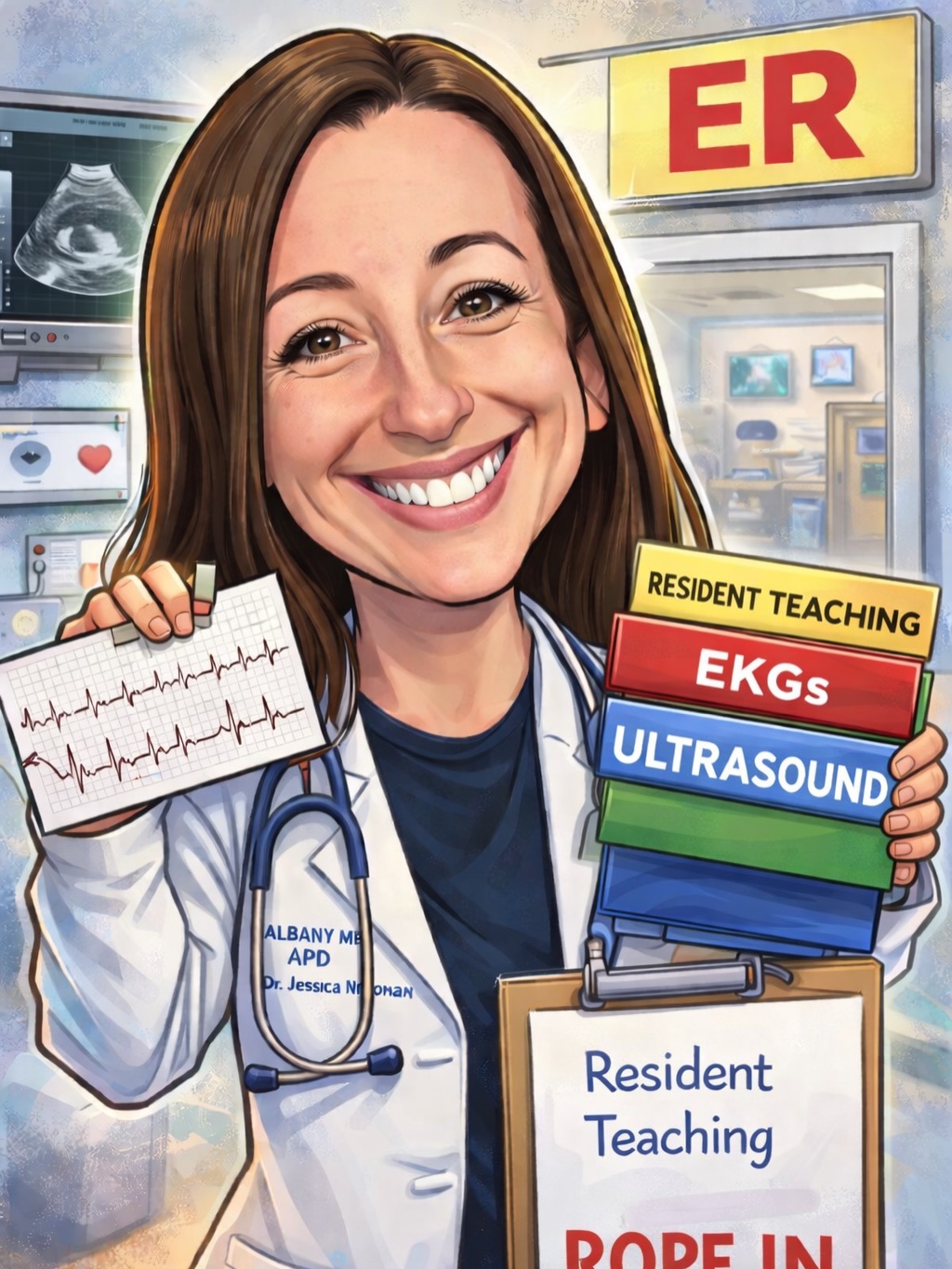 Next up on our Faculty spotlights is the our next APD, the EKG enthusiast herself, Dr. Jessica Noonan! This will be Dr. Noonan’s 11th year as APD!
🏥 Residency: St. Luke’s Roosevelt, Manhattan
🎓 ACEP Teaching Fellowship | Ultrasound Fellowship
👨⚕️ Focus: Resident Education, Real-Time Feedback, On-Shift Teaching
🏆 Winner: NYACEP (2017), ACEP National (2018), CORD (2024) Speaker Competitions
Her ideal day off includes a good spa day, shopping, and going out to dinner 🧖🏽♀️🛍️ and she loves a good PB Chocolate chip granola bar 🍪