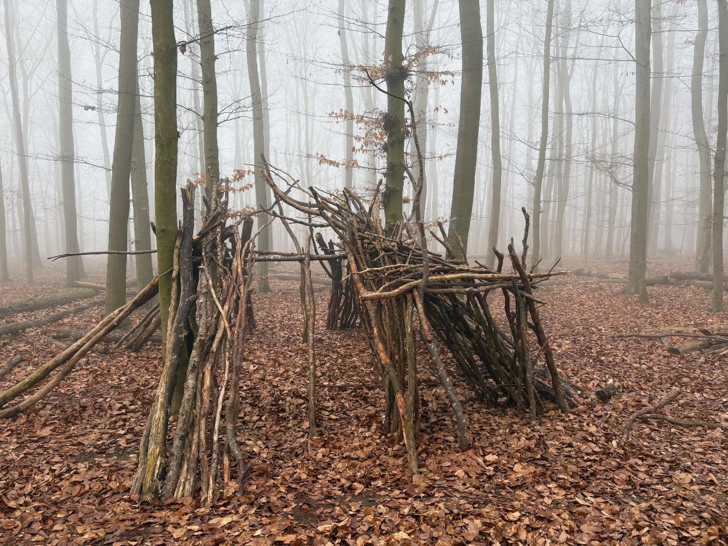 Im nebeligen Morgen wird an unserem Haus im Wald weitergebaut, geschaukelt und auf der Slackline balanciert.