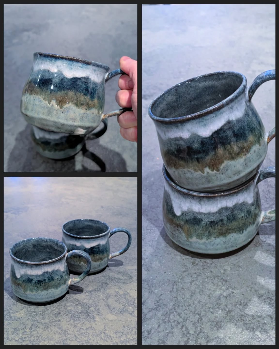 I'm in love with how the glazes came out on these commissioned mugs. Reminds me of a moody landscape.
A new shape for me too but I must admit I'm into it!
#mugs