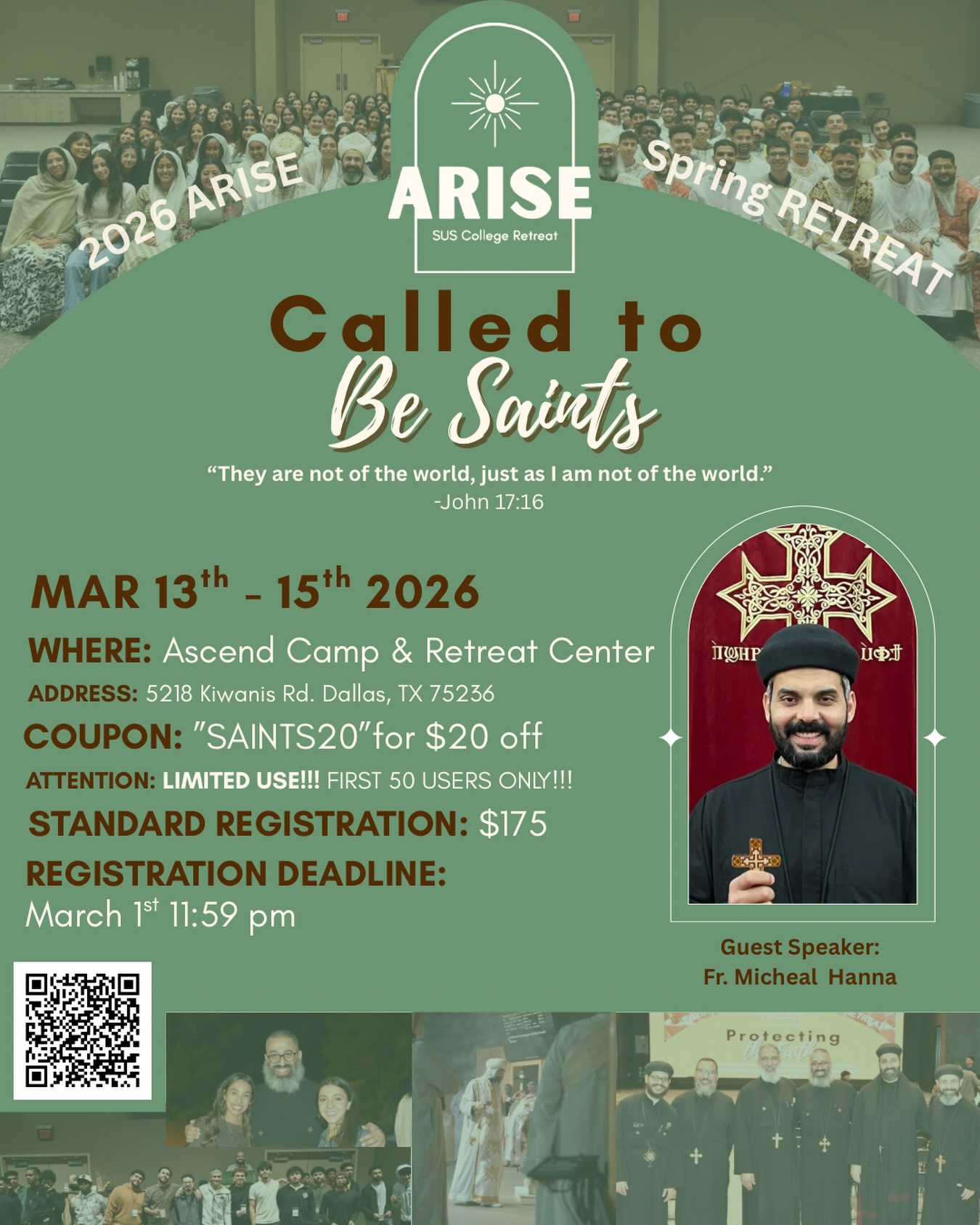 Hello TX OCCM! Blessed Great Lent to you all 🙏🏼
There is only *20 more spots left* for the TX ARISE Spring College Retreat!!
Sign up today!
May God bless this service 🙏🏼
