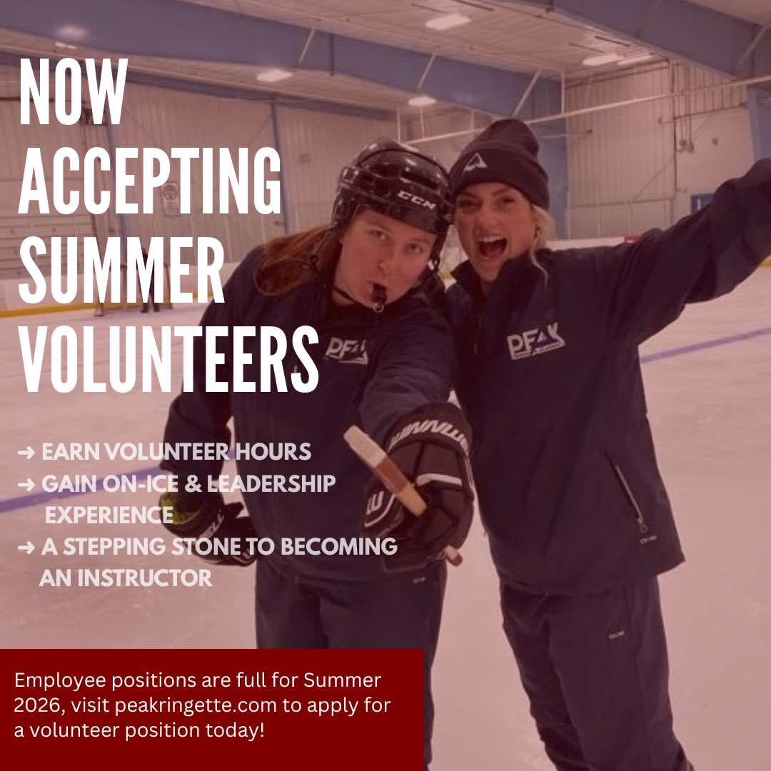Summer Volunteer Opportunity!
Our employee positions for this summer are officially full, but we’re excited to welcome volunteers to our camp team!
Volunteering with us is a great way to earn volunteer hours, gain hands-on experience, and learn what it takes to be part of a ringette camp environment.
Many of our volunteers use this as a stepping stone to becoming an instructor in future seasons!
If you’re passionate about ringette, love working with kids, and want to grow as a leader , we’d love for you to join the PEAK team! 💙
Apply to volunteer today on website peakringette.com
