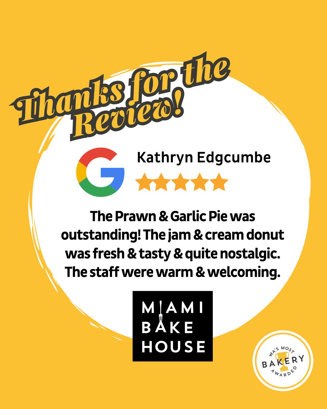 Thank you for your lovely review Kathryn! We love to hear you enjoyed our Garlic Prawn Pie.
You can share your thoughts too! Let our friendly team know how you found your experience with us through the link in our bio and enter our monthly draw to win a $100 Miami Bakehouse Gift Voucher.