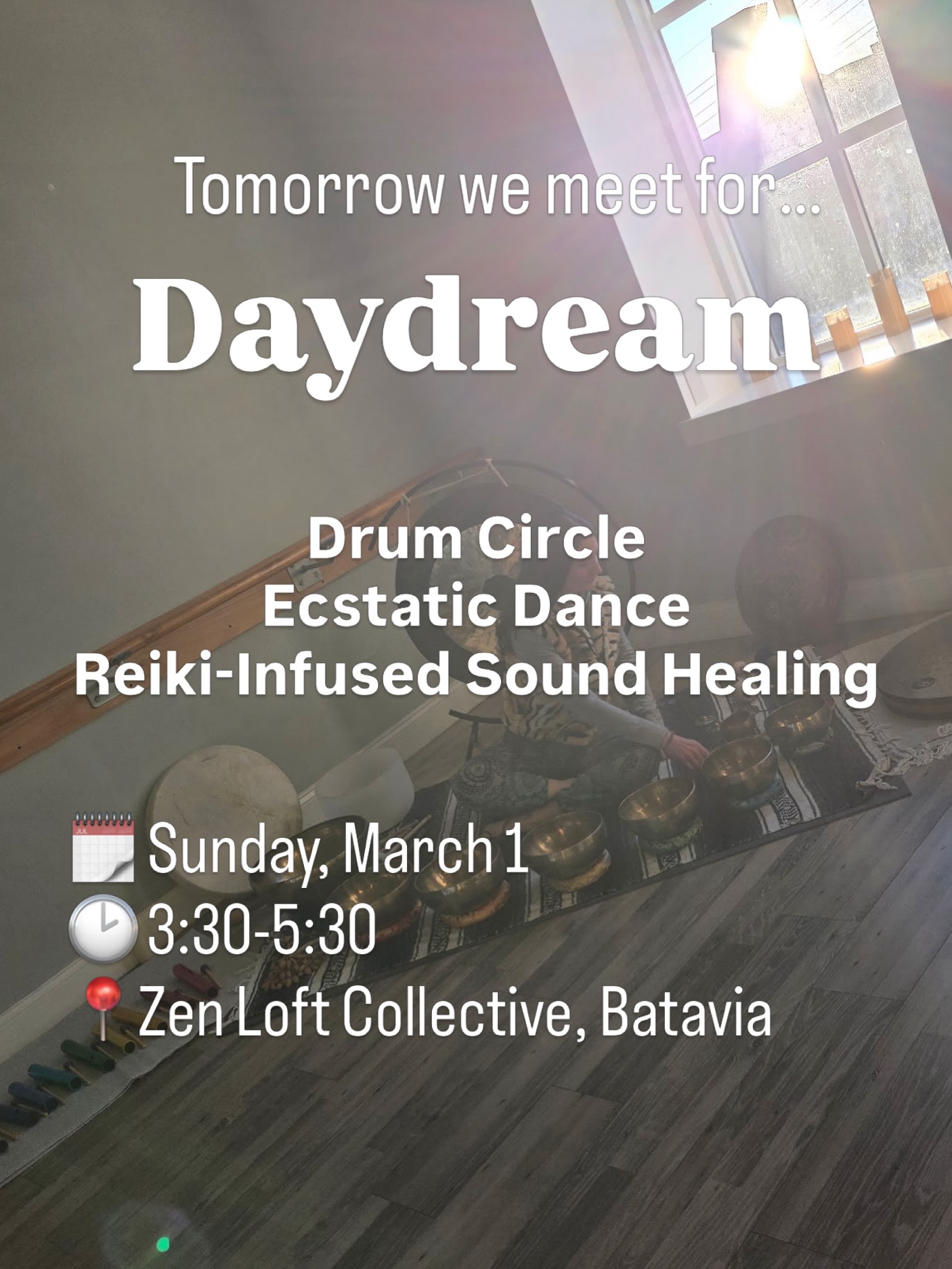 I am so pumped for Daydream, tomorrow!
Join us for an afternoon of drum, dance and de-stress at @zenloftcollective with @samofspaceforbalance . No experience needed, come as you are. 💖
Tickets still available via the link in my bio.
#ecstaricdance #drumcircle #batavia