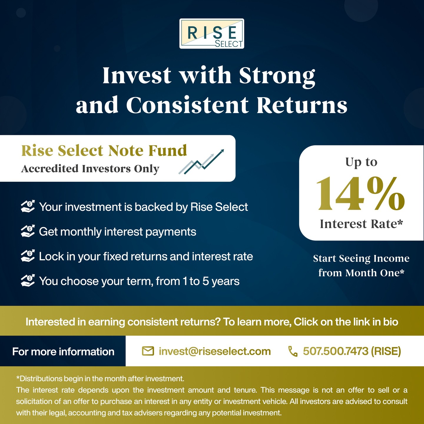 The Rise Select Note Fund offers accredited investors:
Monthly interest payments
Fixed returns with a locked interest rate (up to 14%)
Flexible terms from 1–5 years
Call us - (507) 500-7473
Email - invest@riseselect.com
To learn more, check the link in our bio.
#accreditedinvestors #investoropportunities #alternativeinvestments #consistentreturns #passiveincome #wealthmanagement #financialplanning #portfoliodiversification #investorcommunity #riseselect #investwithrise #realestateinvesting #studenthousing #cashflow #smartinvesting #longterminvesting #investmentfund #growthopportunity