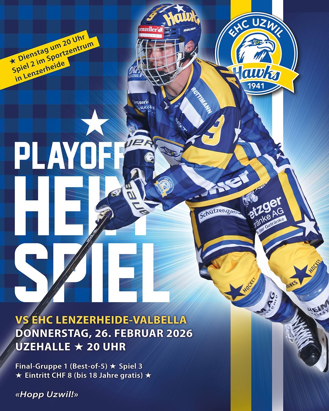 Nach der überzeugenden Leistung vom Samstag vor über 700 Zuschauerinnen und Zuschauern steht morgen um 20.00 Uhr Spiel 2 auf der Lenzerheide an. Am Donnerstag sind wir dann für Spiel 3 zurück in der Uzehalle. Hopp Uzwil!
#ehcuzwil #ehcuzwilhawks #playoffs #homeandaway #heimvorteil